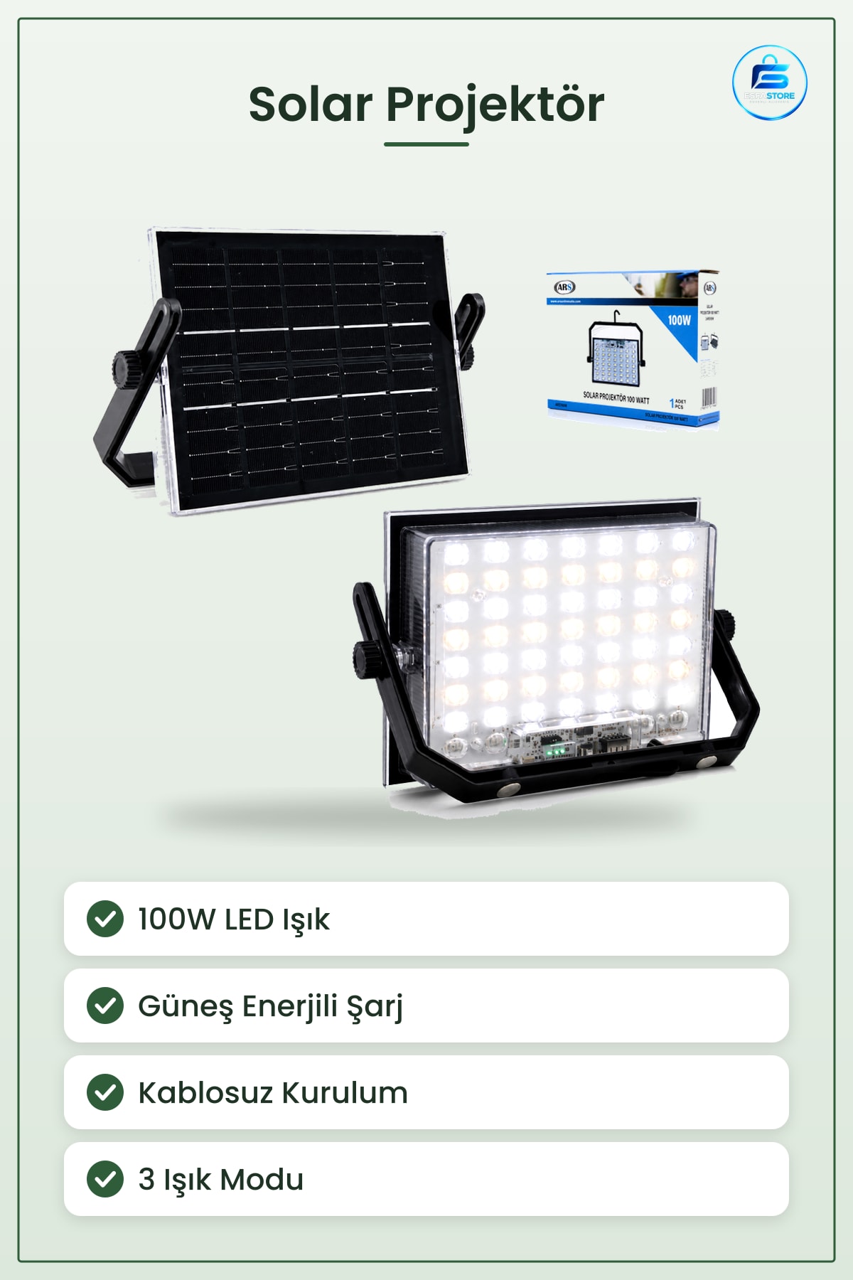 Solar Projektör 100W Güneş Enerjili LED Işık Kamp Bahçe Dış Mekan Aydınlatma Taşınabilir