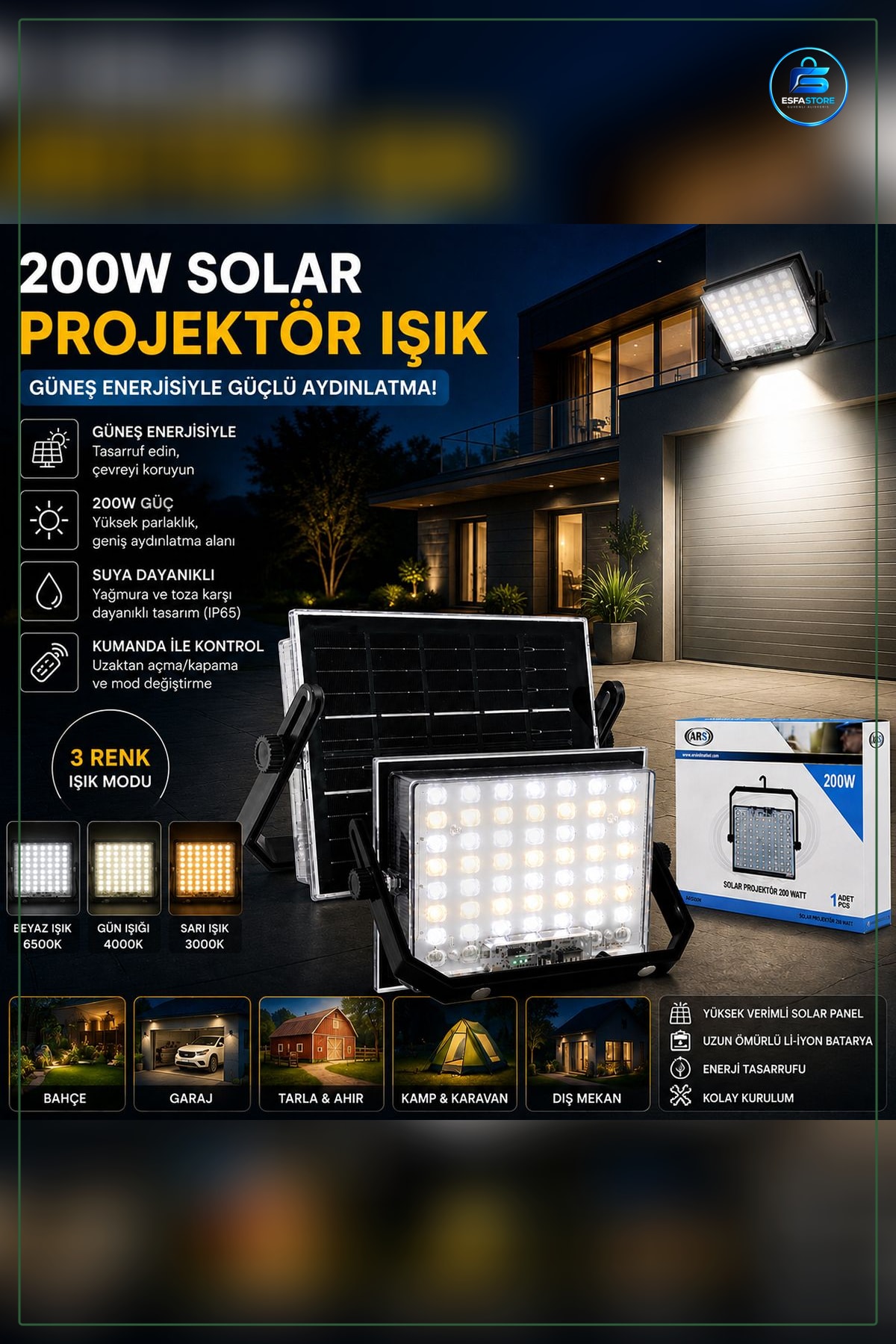 Güneş Enerjili LED Projektör 200W Kamp Dış Mekan Bahçe Teras Otopark Aydınlatma Lambası