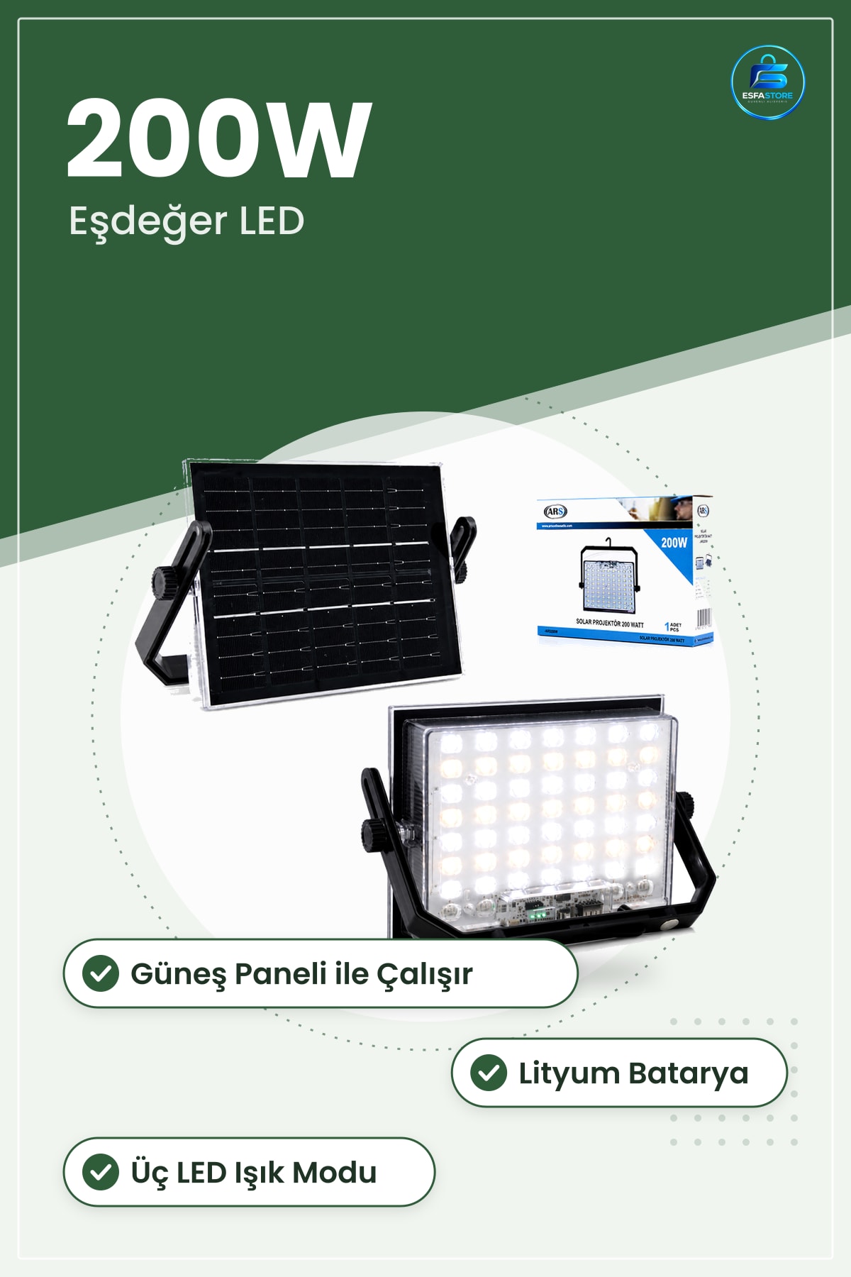 Güneş Enerjili LED Projektör 200W Kamp Dış Mekan Bahçe Teras Otopark Aydınlatma Lambası