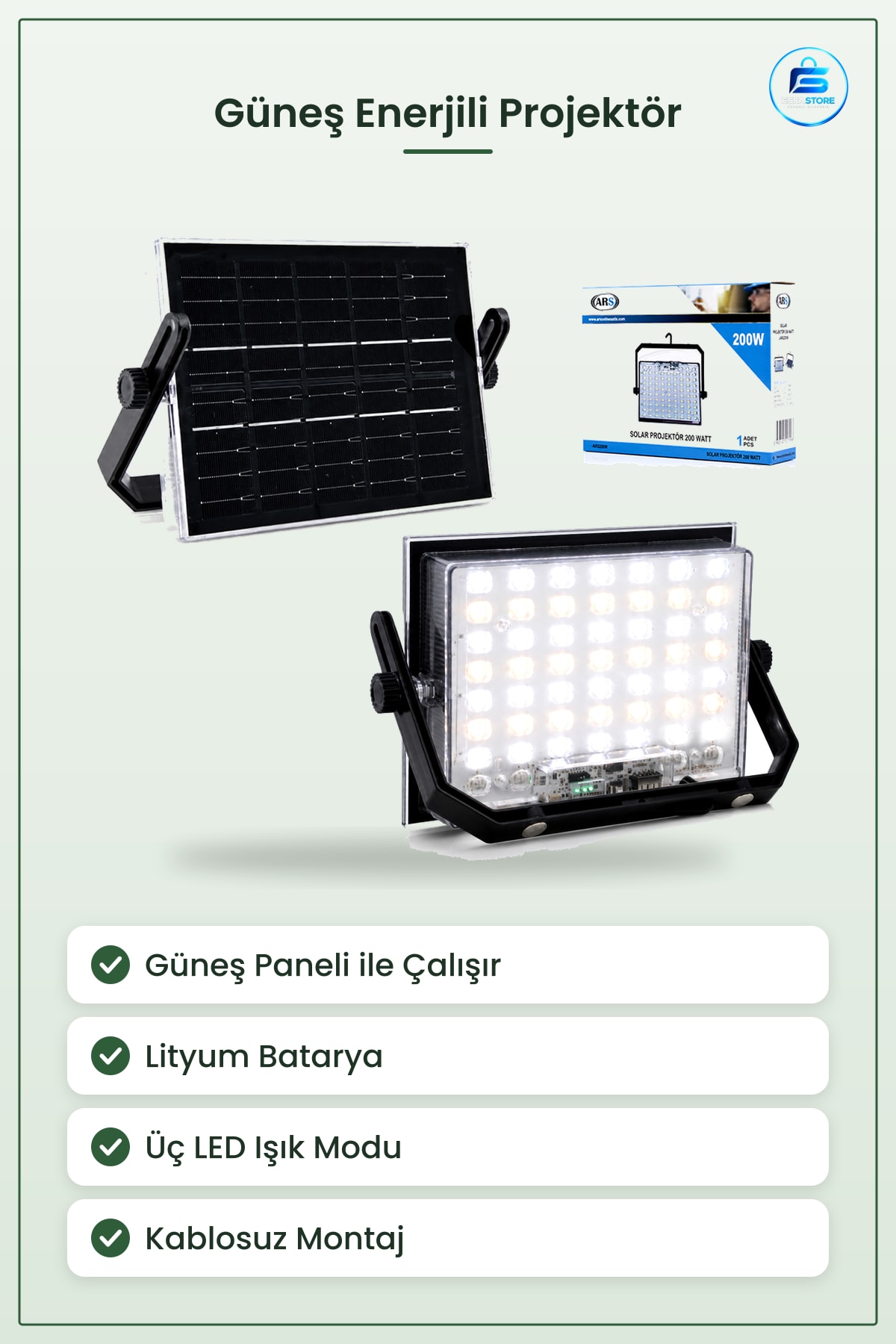 Güneş Enerjili LED Projektör 200W Kamp Dış Mekan Bahçe Teras Otopark Aydınlatma Lambası