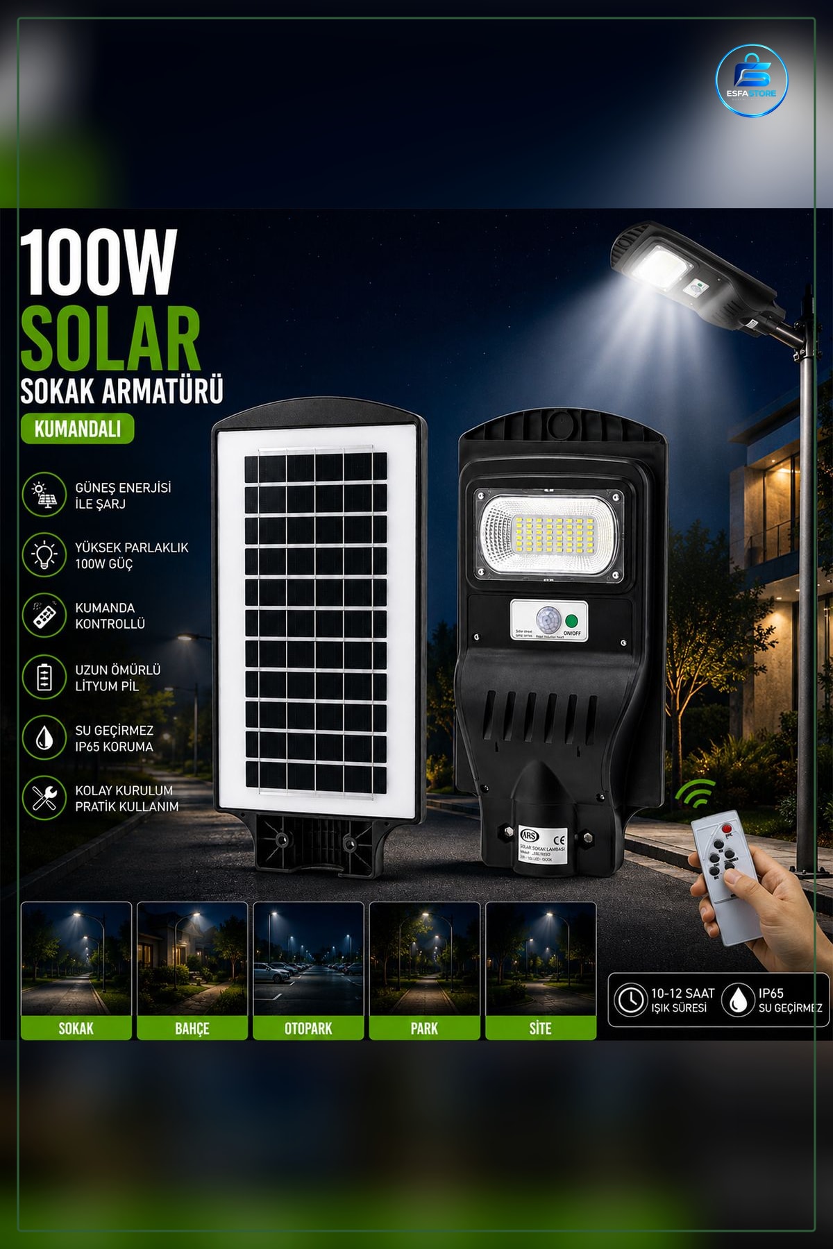 Güneş Enerjili Sokak Lambası 100W 6500K Hareket Sensörlü Kumandalı Bahçe Aydınlatması LED Dış Mekan