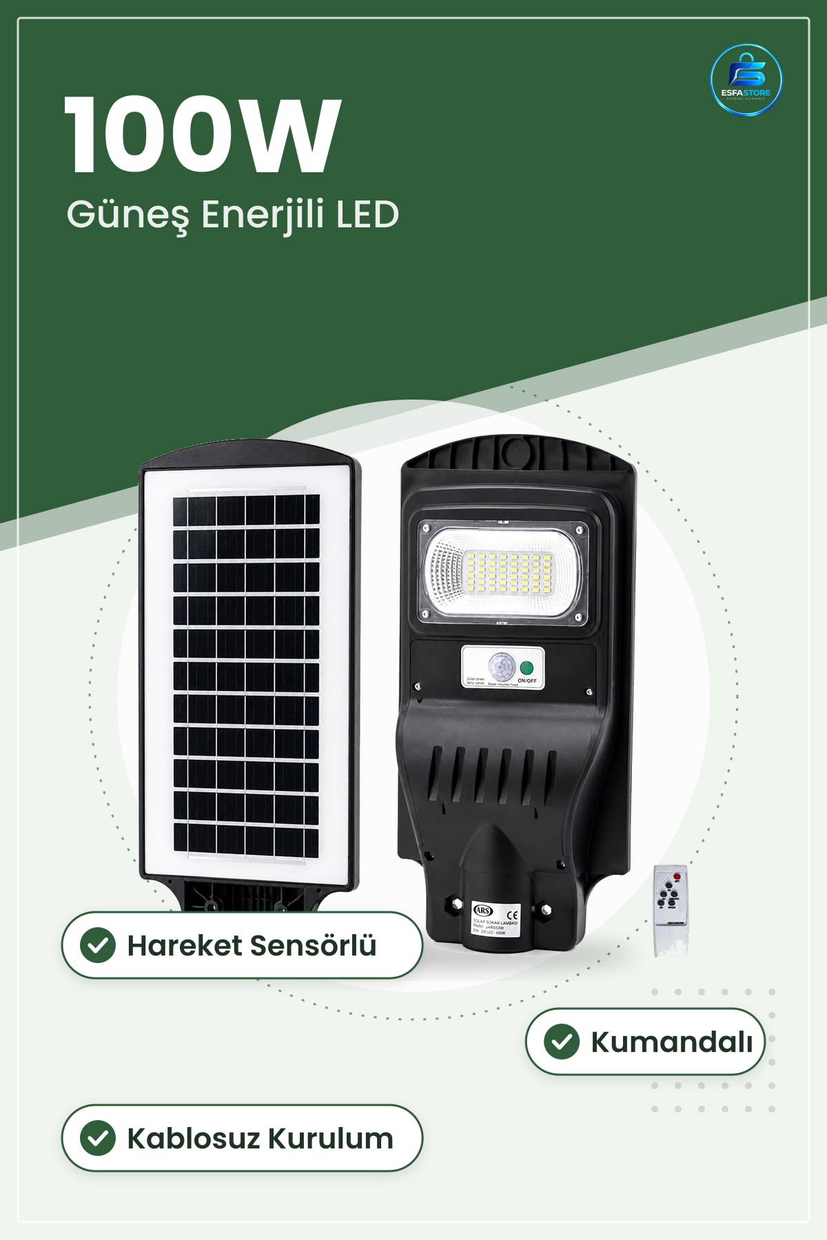 Güneş Enerjili Sokak Lambası 100W 6500K Hareket Sensörlü Kumandalı Bahçe Aydınlatması LED Dış Mekan