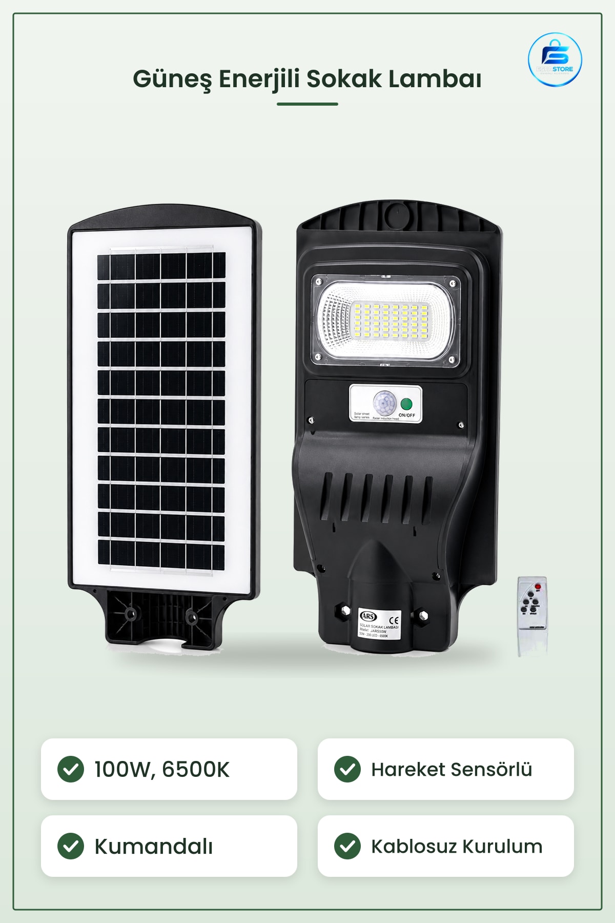 Güneş Enerjili Sokak Lambası 100W 6500K Hareket Sensörlü Kumandalı Bahçe Aydınlatması LED Dış Mekan