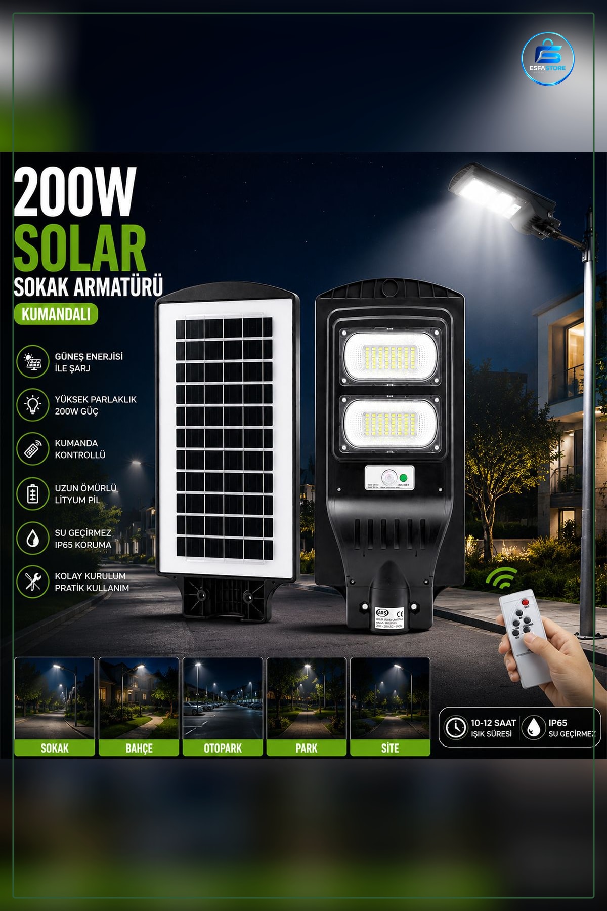 Solar Sokak Lambası 200 W K Sensörlü Kumandalı Güneş Enerjili LED Bahçe Aydınlatması