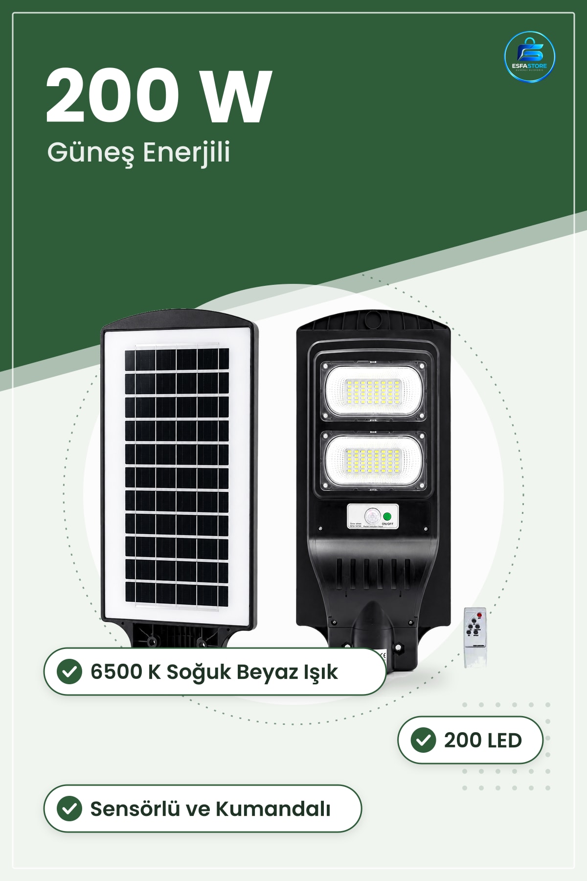 Solar Sokak Lambası 200 W K Sensörlü Kumandalı Güneş Enerjili LED Bahçe Aydınlatması