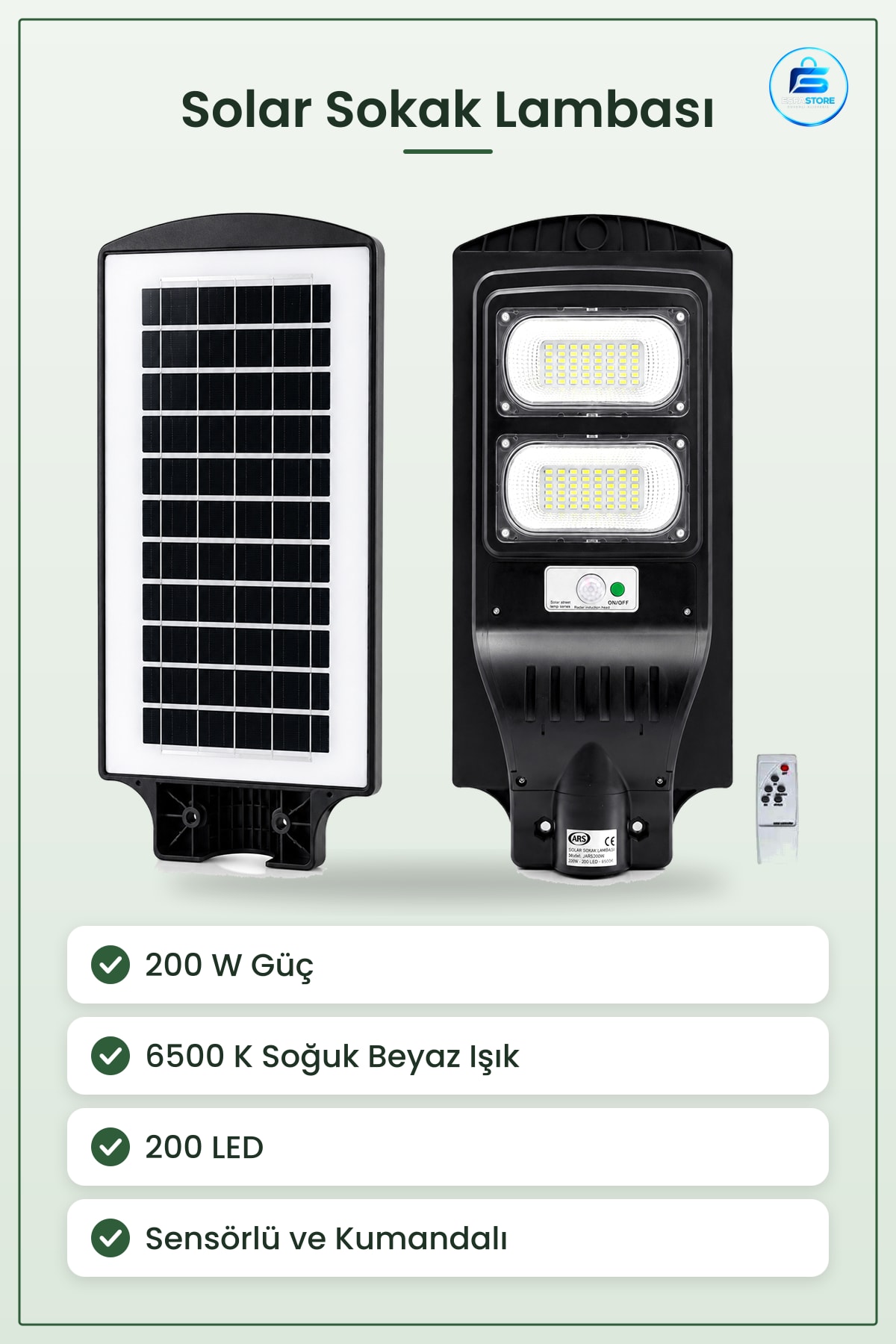 Solar Sokak Lambası 200 W K Sensörlü Kumandalı Güneş Enerjili LED Bahçe Aydınlatması