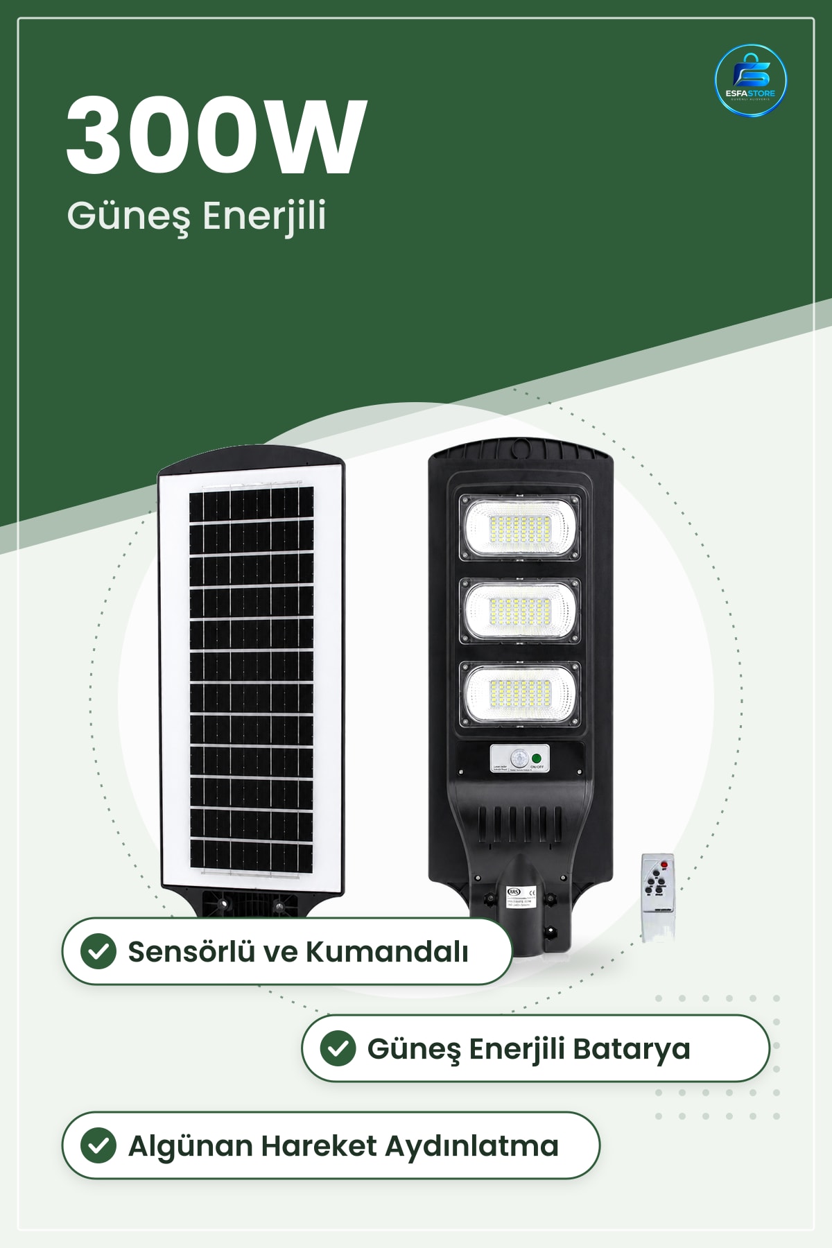 Solar Sokak Lambaı 300W 6500K Sensörlü Kumandalı Güneş Enerjili BahçeAydınlatması Dış Mekan