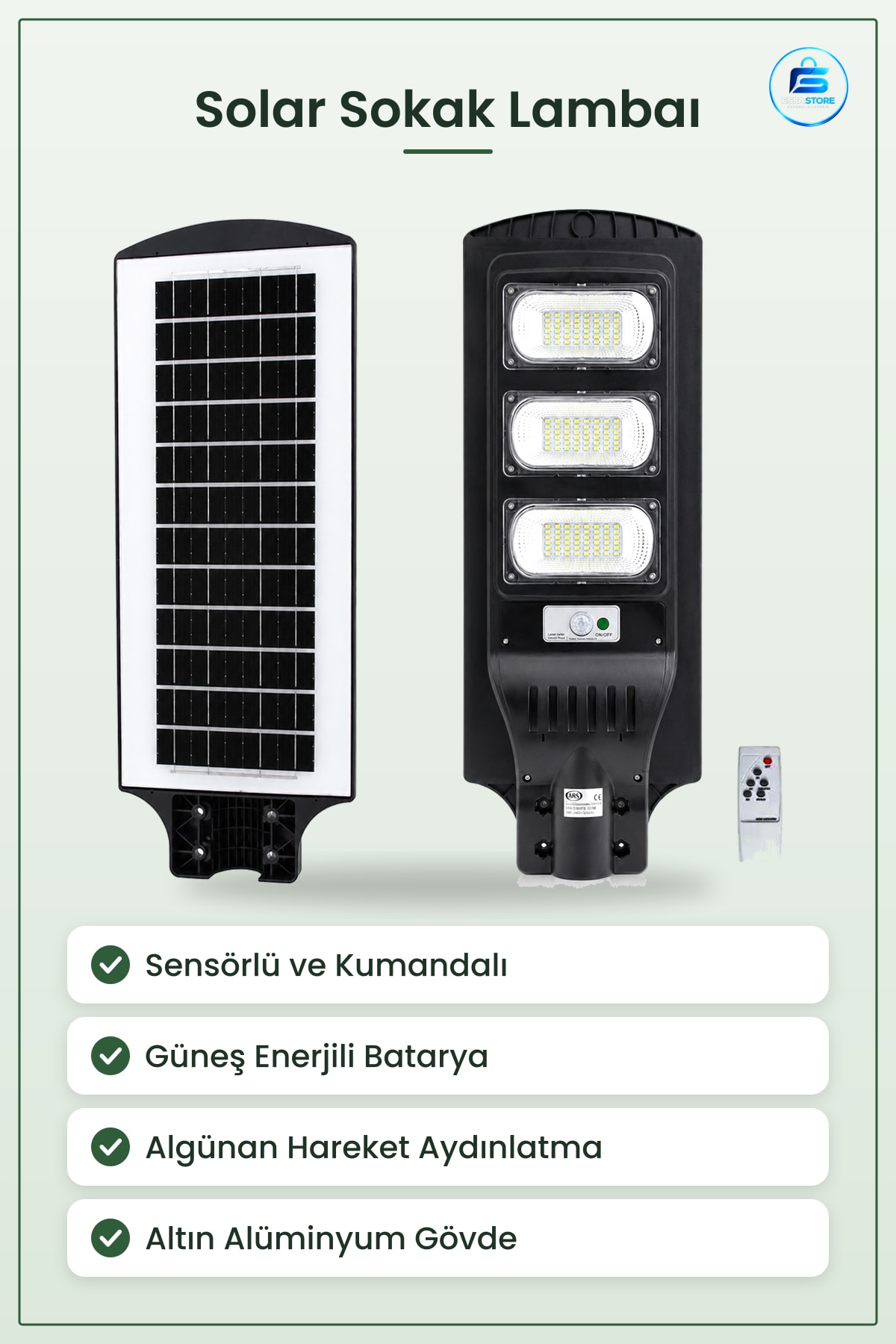 Solar Sokak Lambaı 300W 6500K Sensörlü Kumandalı Güneş Enerjili BahçeAydınlatması Dış Mekan