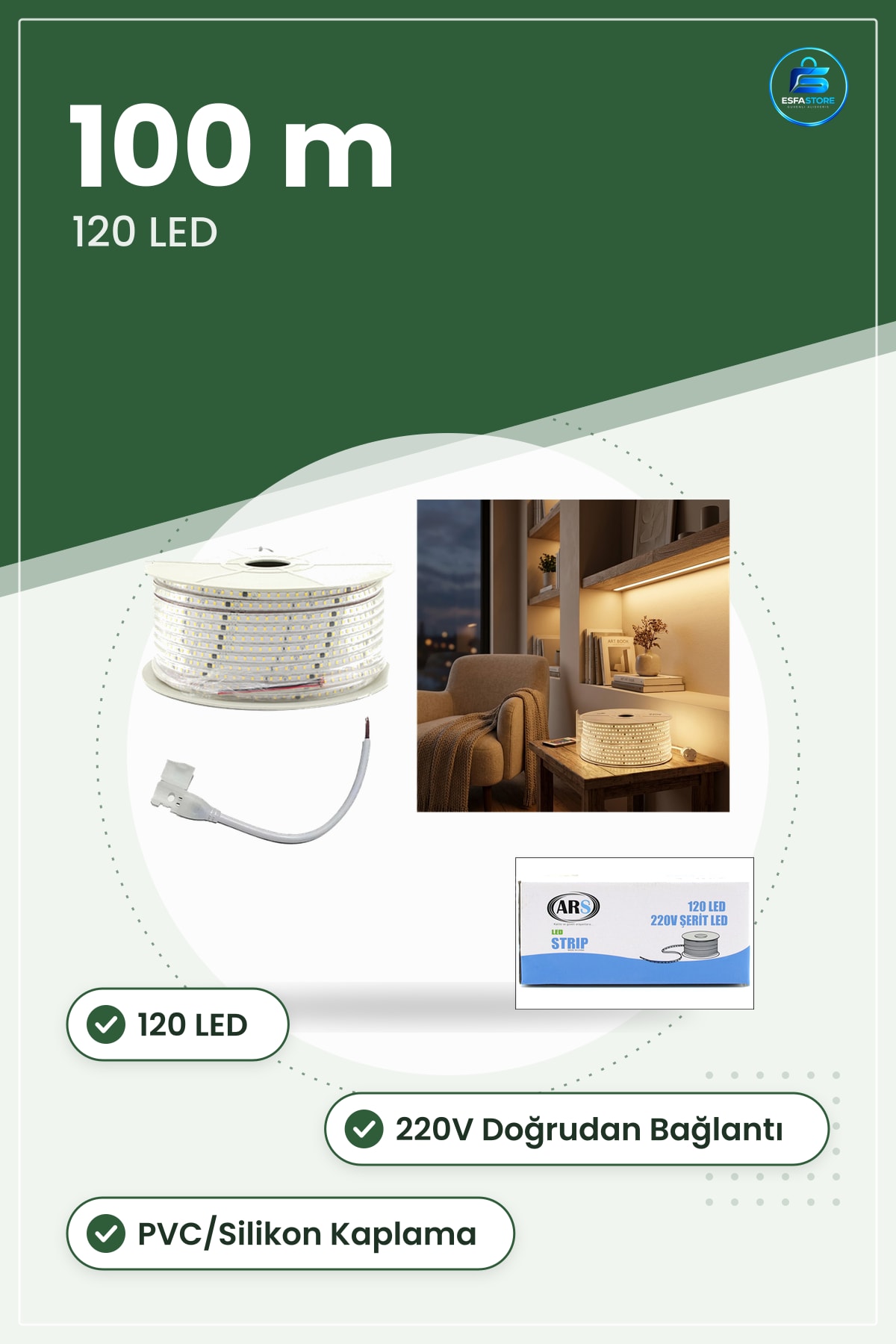 Dış Mekan Şerit Işık 220V 120 LED 100 m Günışık 3000K Bahçe Teras Aydınlatması Kaplamalı