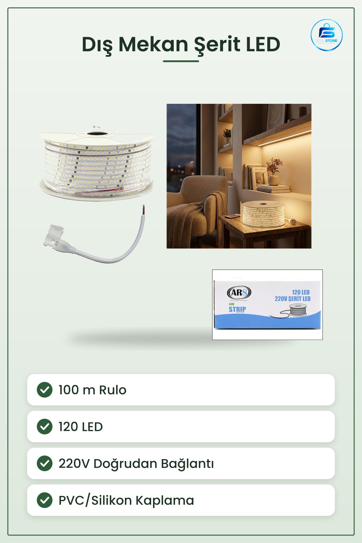Dış Mekan Şerit Işık 220V 120 LED 100 m Günışık 3000K Bahçe Teras Aydınlatması Kaplamalı