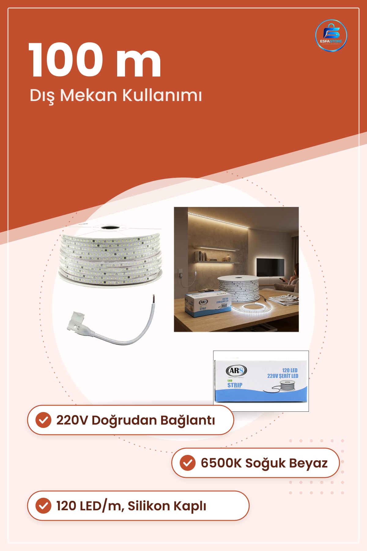 LED Şerit 100 m 220V Dış Mekan Silikon Kaplı 6500K Beyaz 120 LED/m Bahçe Cephe Aydınlatma