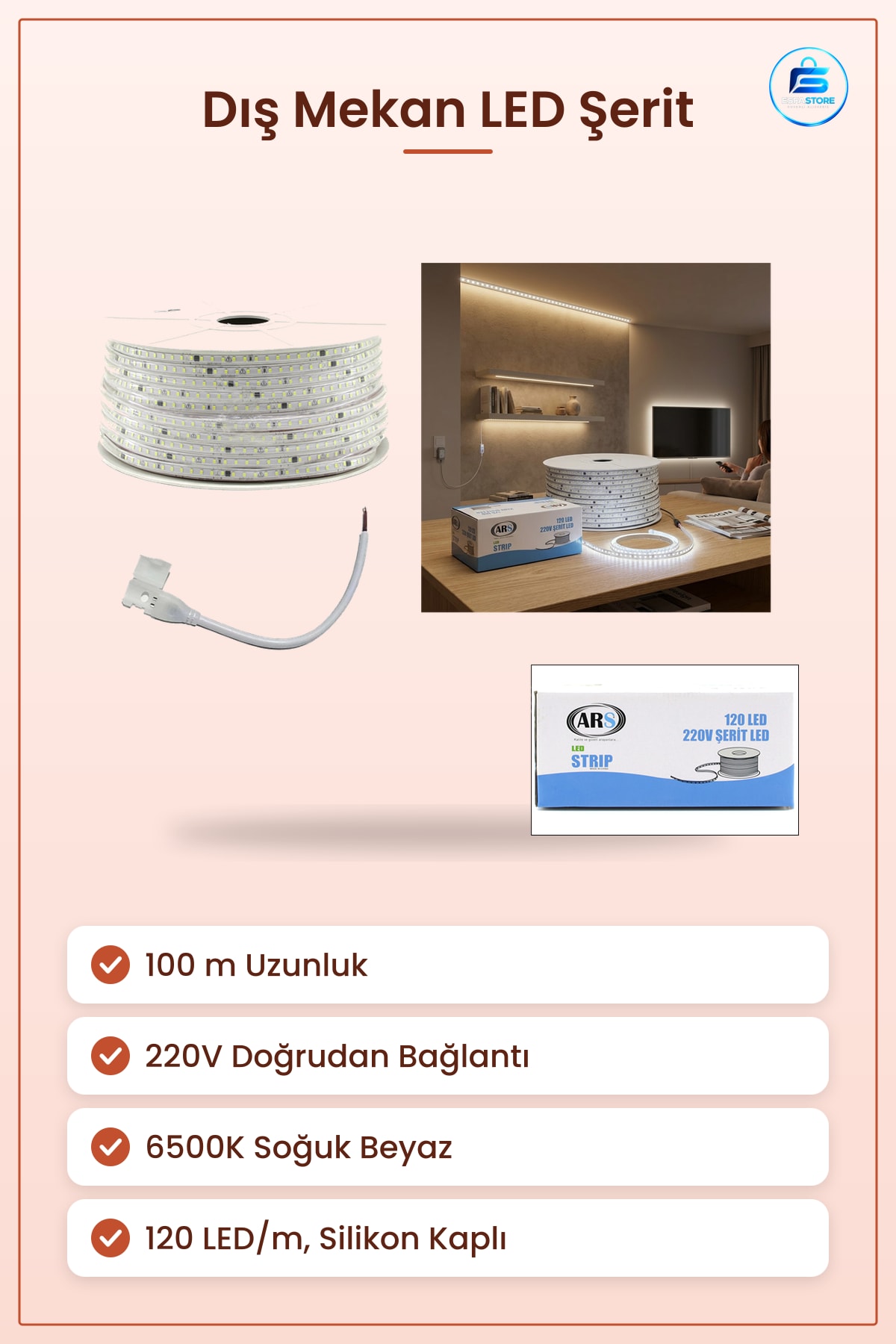 LED Şerit 100 m 220V Dış Mekan Silikon Kaplı 6500K Beyaz 120 LED/m Bahçe Cephe Aydınlatma