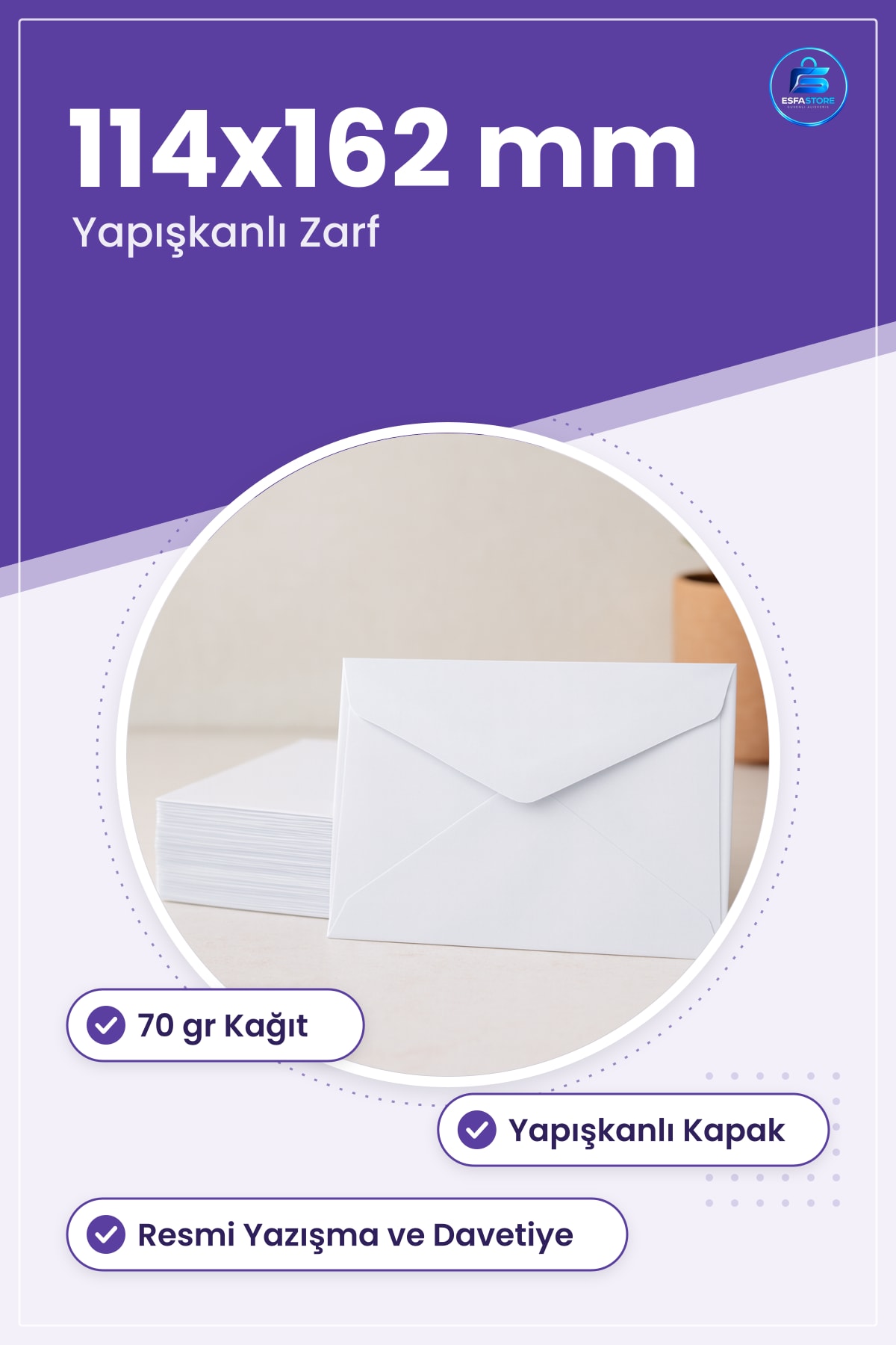 Beyaz Yapışkanlı Klasik Mektup Zarfı 114x162 mm 70 gr Davetiye Resmi Yazışma Posta Mat