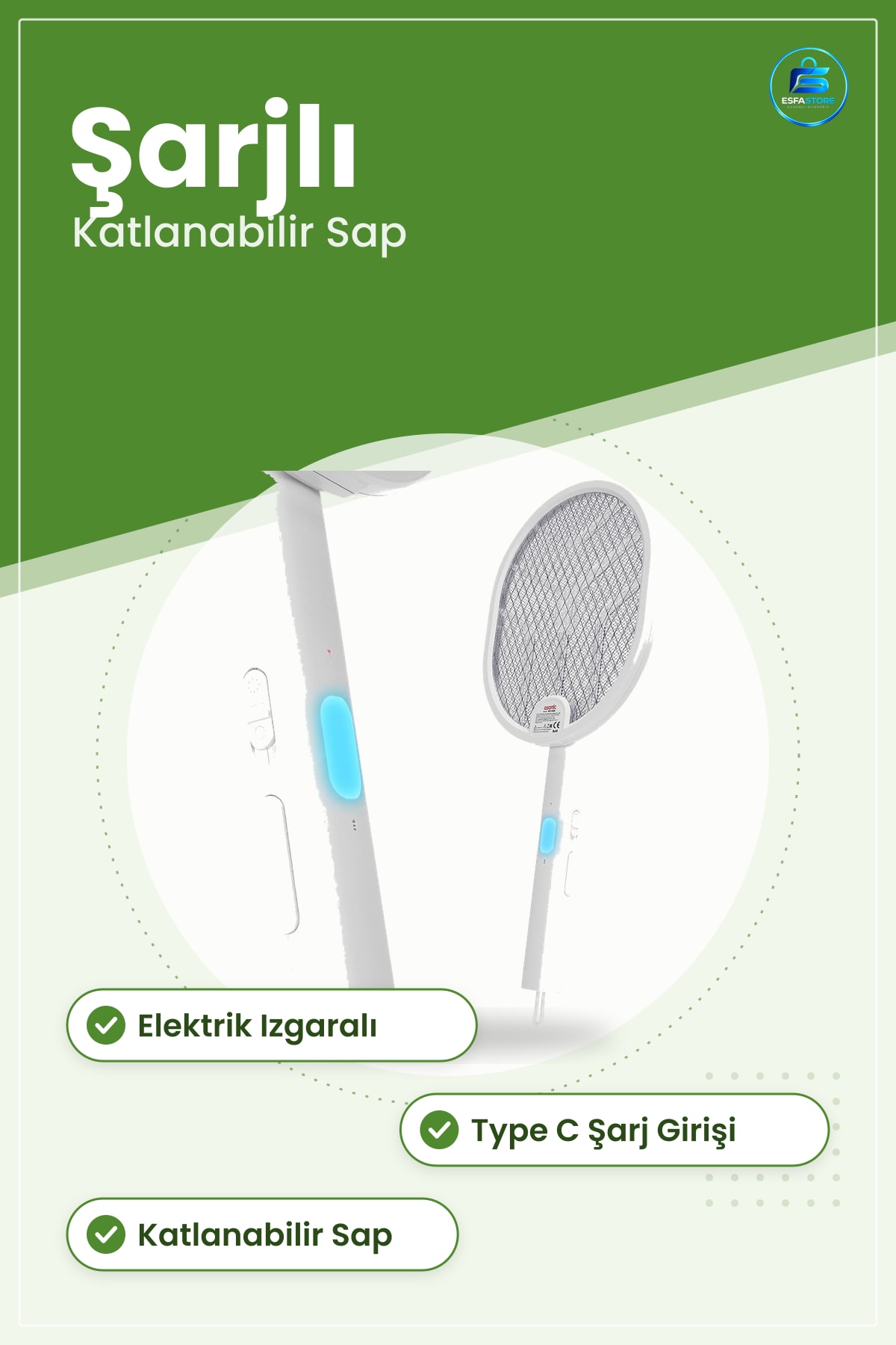 Elektrikli Sinek Öldürücü Raket Type C Şarjlı Katlanabilir Saplı Ev Balkon Bahçe Kamp