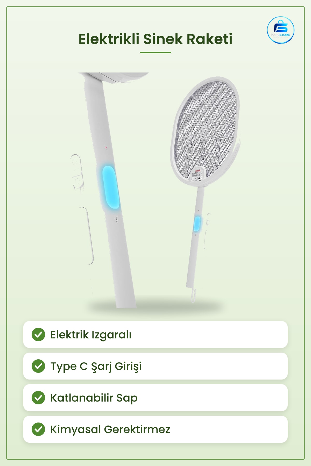 Elektrikli Sinek Öldürücü Raket Type C Şarjlı Katlanabilir Saplı Ev Balkon Bahçe Kamp