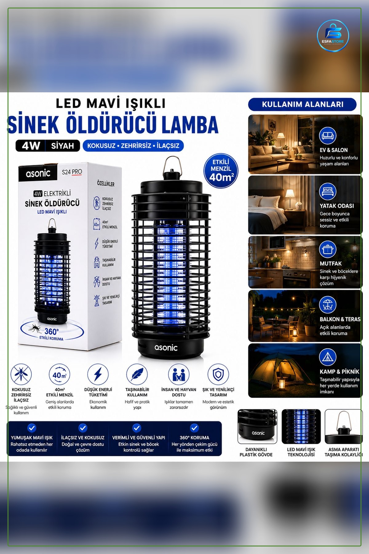 Taşınabilir LED Sinek Öldürücü 4W Siyah Haşere İlacı Elektrikli Böcek Tuzağı Ev Balkon