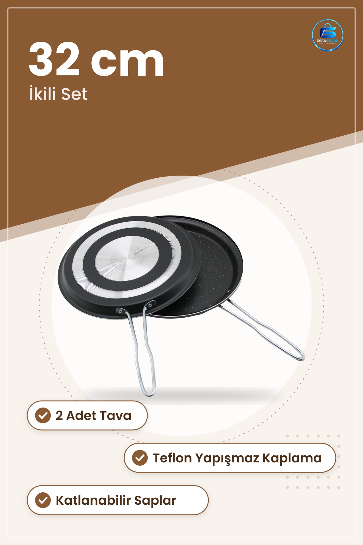 Tava 32 cm Teflon Yapışmaz İkili Set Katlanılabilir Saplı Mutfak Pişirme Balık Omlet
