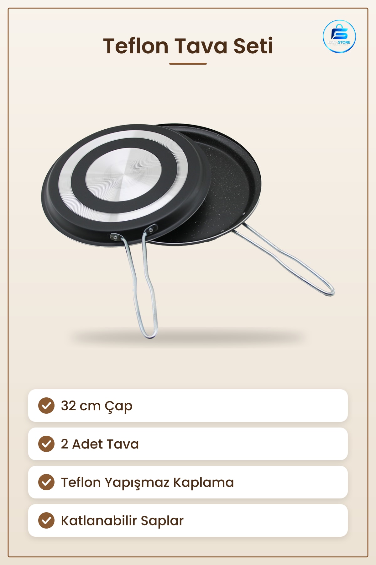 Tava 32 cm Teflon Yapışmaz İkili Set Katlanılabilir Saplı Mutfak Pişirme Balık Omlet