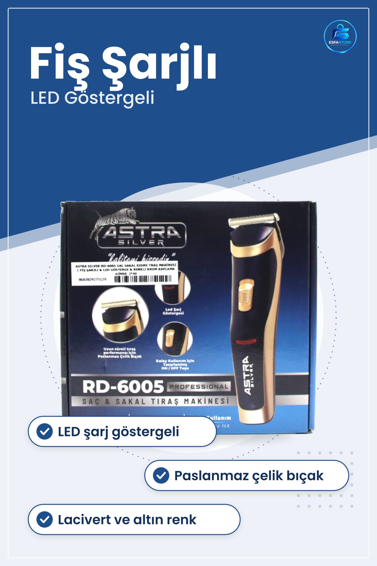 Saç Sakal Tıraş Makinesi Fiş Şarjlı LED Göstergeli Paslanmaz Çelik Bıçaklı Kişisel Bakım Aleti