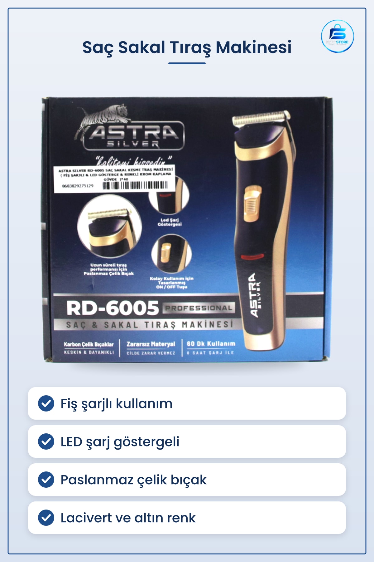 Saç Sakal Tıraş Makinesi Fiş Şarjlı LED Göstergeli Paslanmaz Çelik Bıçaklı Kişisel Bakım Aleti