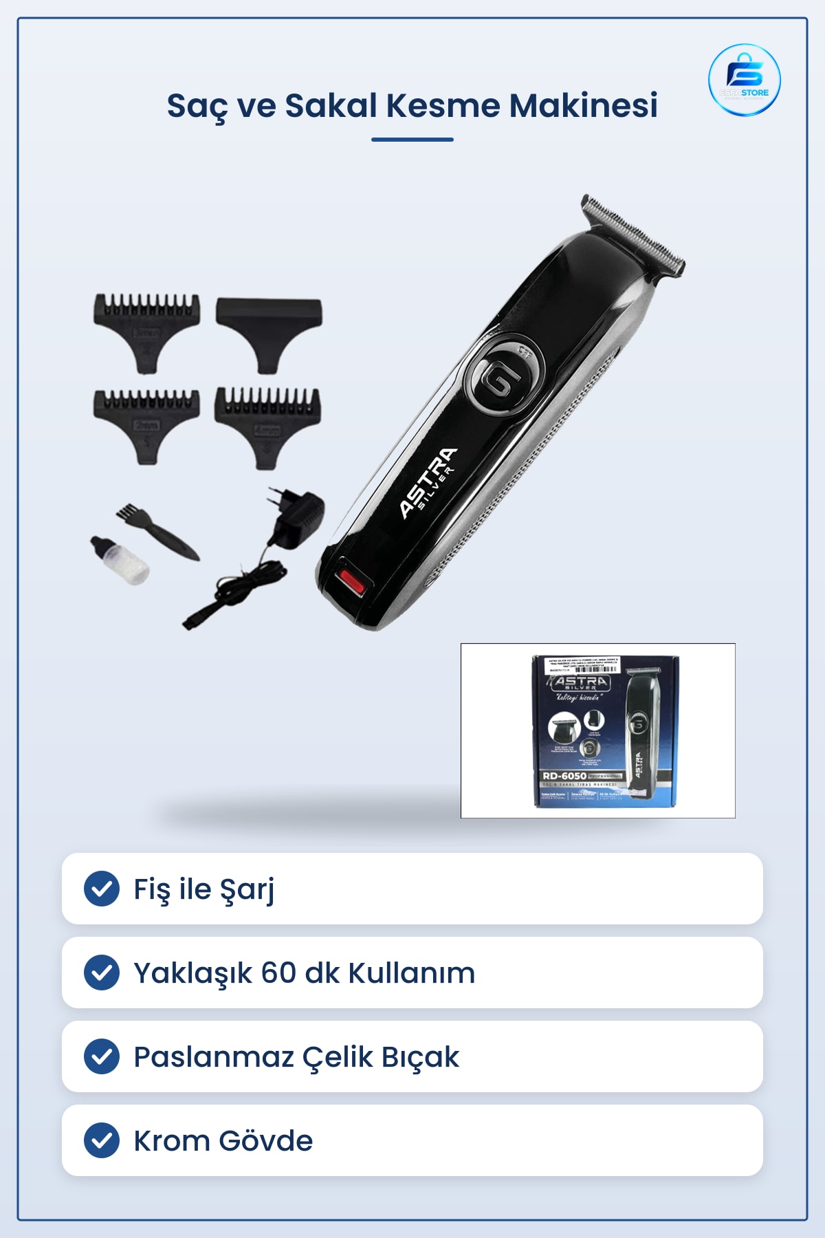 Saç ve Sakal Kesme Makinesi Fiş Şarjlı Krom Gövdeli Ergonomik Tıraş Ev Kullanımı Hassas