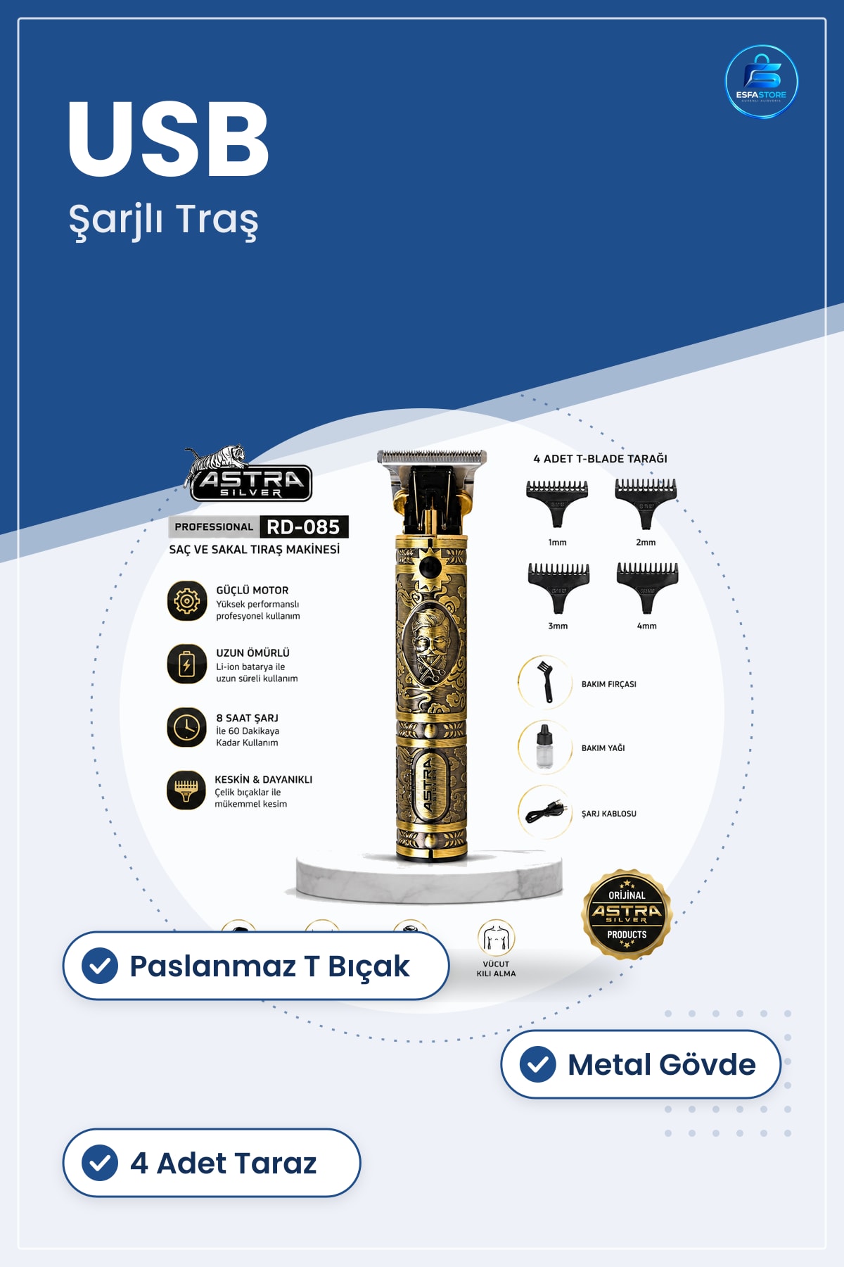 Saç Sakal Traş Makinesi USB Şarjlı T Bıçak Komple Metal Gövdeli Profesyonel Kişisel Bakım