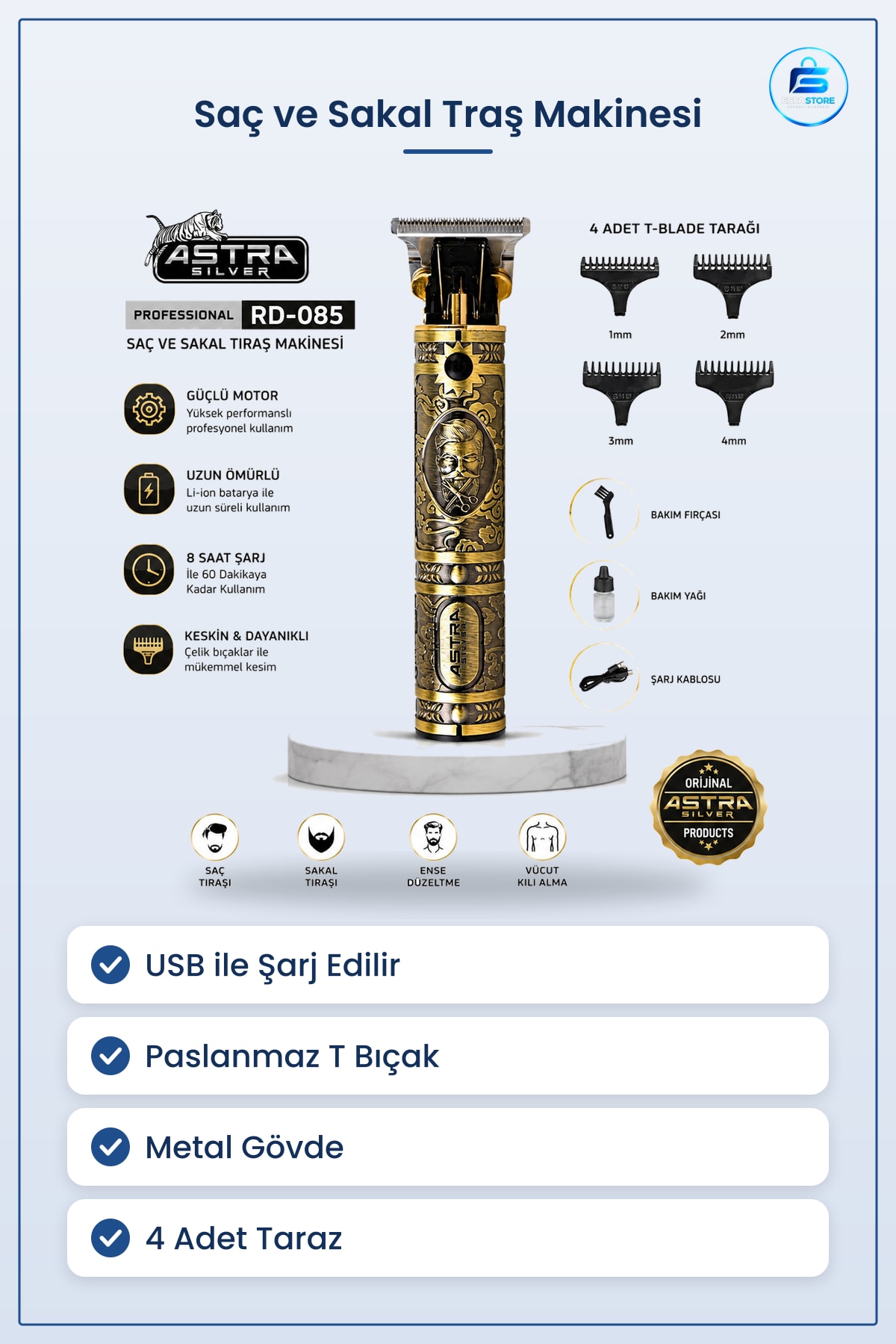 Saç Sakal Traş Makinesi USB Şarjlı T Bıçak Komple Metal Gövdeli Profesyonel Kişisel Bakım