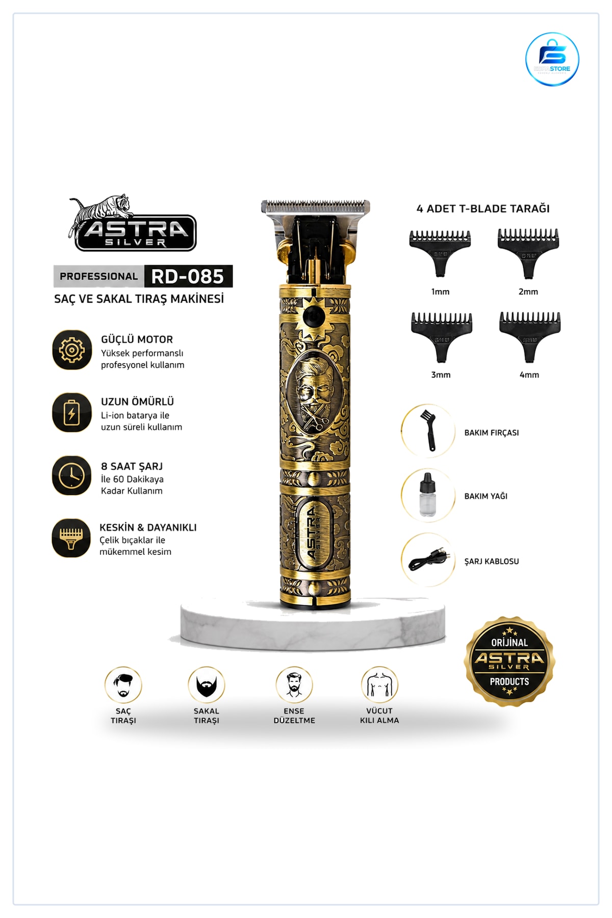 Saç Sakal Traş Makinesi USB Şarjlı T Bıçak Komple Metal Gövdeli Profesyonel Kişisel Bakım