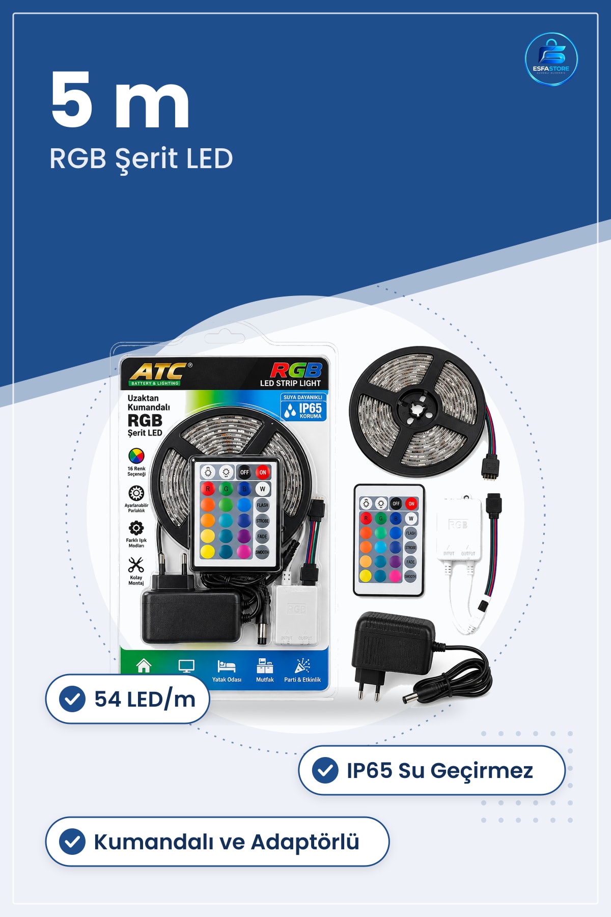 Şerit RGB 5 m 54 LED/m IP65 SMD2835 Kumandalı Adaptörlü Su Geçirmez Akıllı Aydınlatma