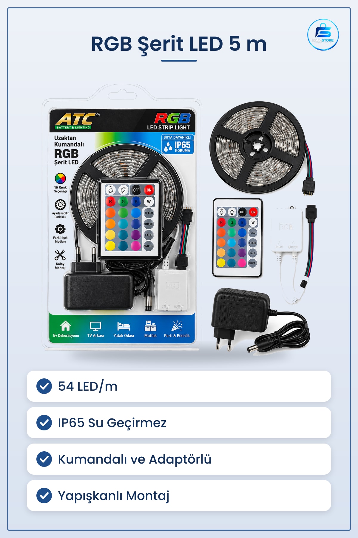 Şerit RGB 5 m 54 LED/m IP65 SMD2835 Kumandalı Adaptörlü Su Geçirmez Akıllı Aydınlatma