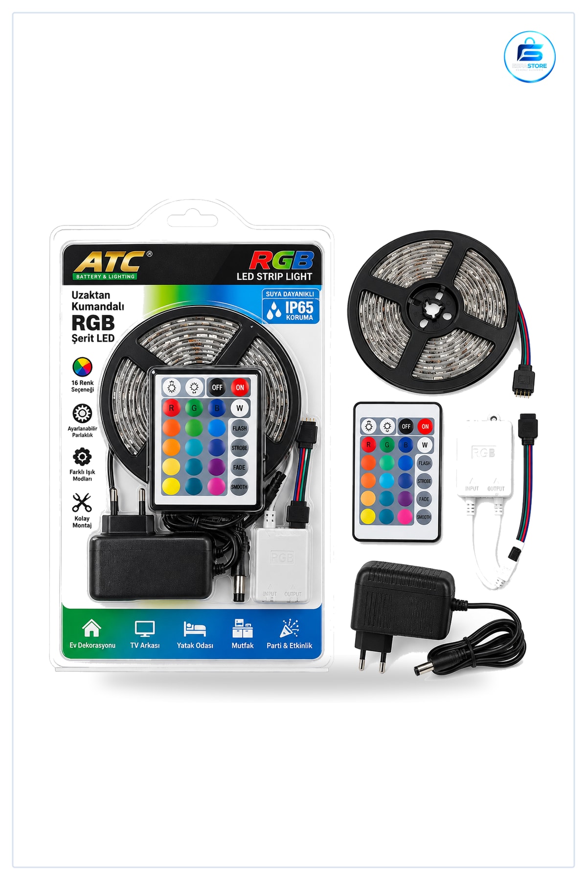 Şerit RGB 5 m 54 LED/m IP65 SMD2835 Kumandalı Adaptörlü Su Geçirmez Akıllı Aydınlatma