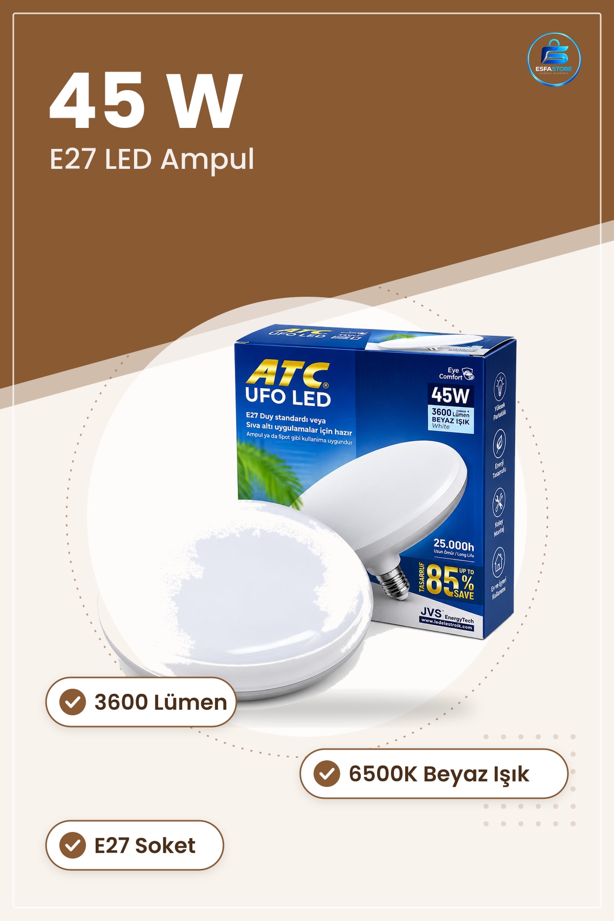 UFO LED Ampul 45W E27 6500K Lümen Beyaz Işık Tavan Aydınlatma Depo Atölye Ofis Otopark