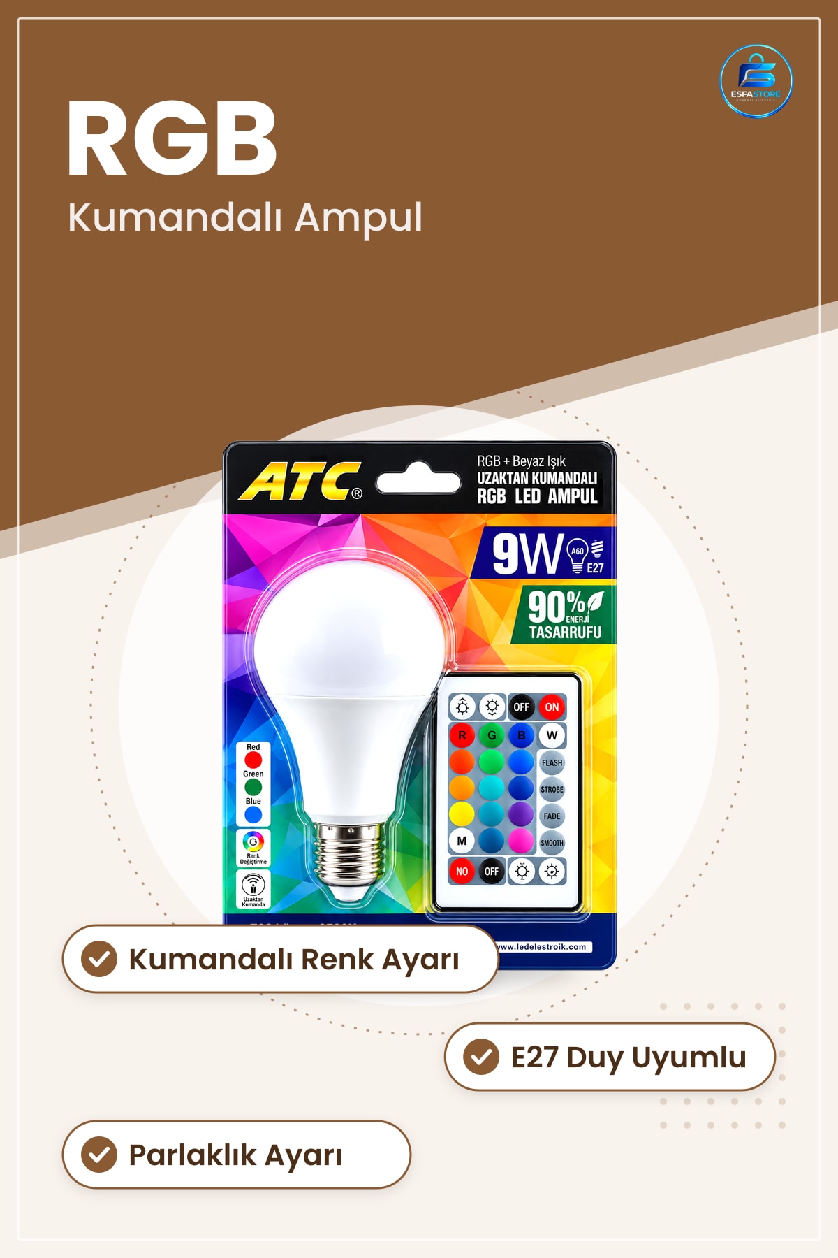 RGB LED Ampul 9W E27 700 lm Kumandalı 15000 Saat Ömürlü Renk Değiştiren Ev Ofis Aydınlatma