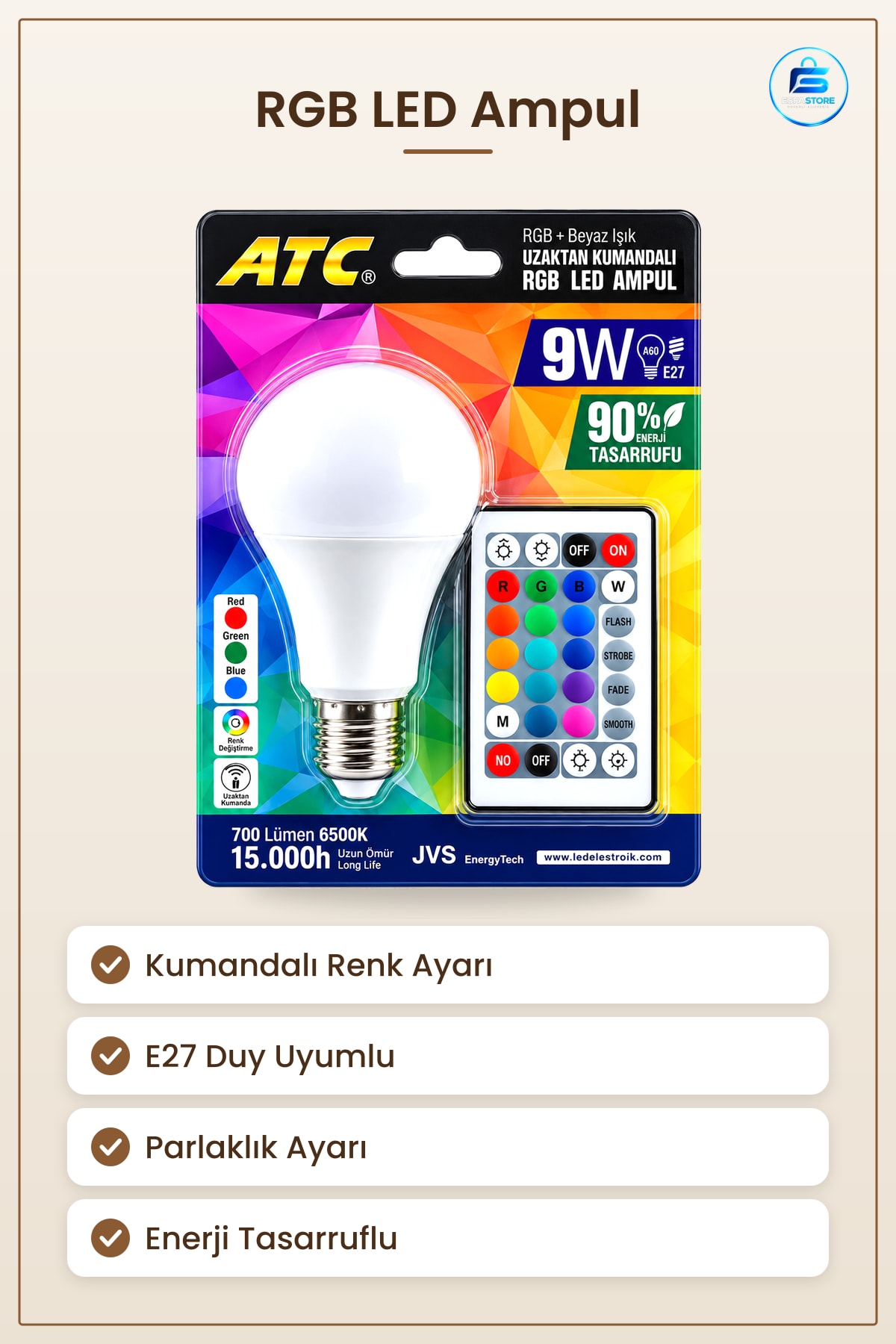 RGB LED Ampul 9W E27 700 lm Kumandalı 15000 Saat Ömürlü Renk Değiştiren Ev Ofis Aydınlatma