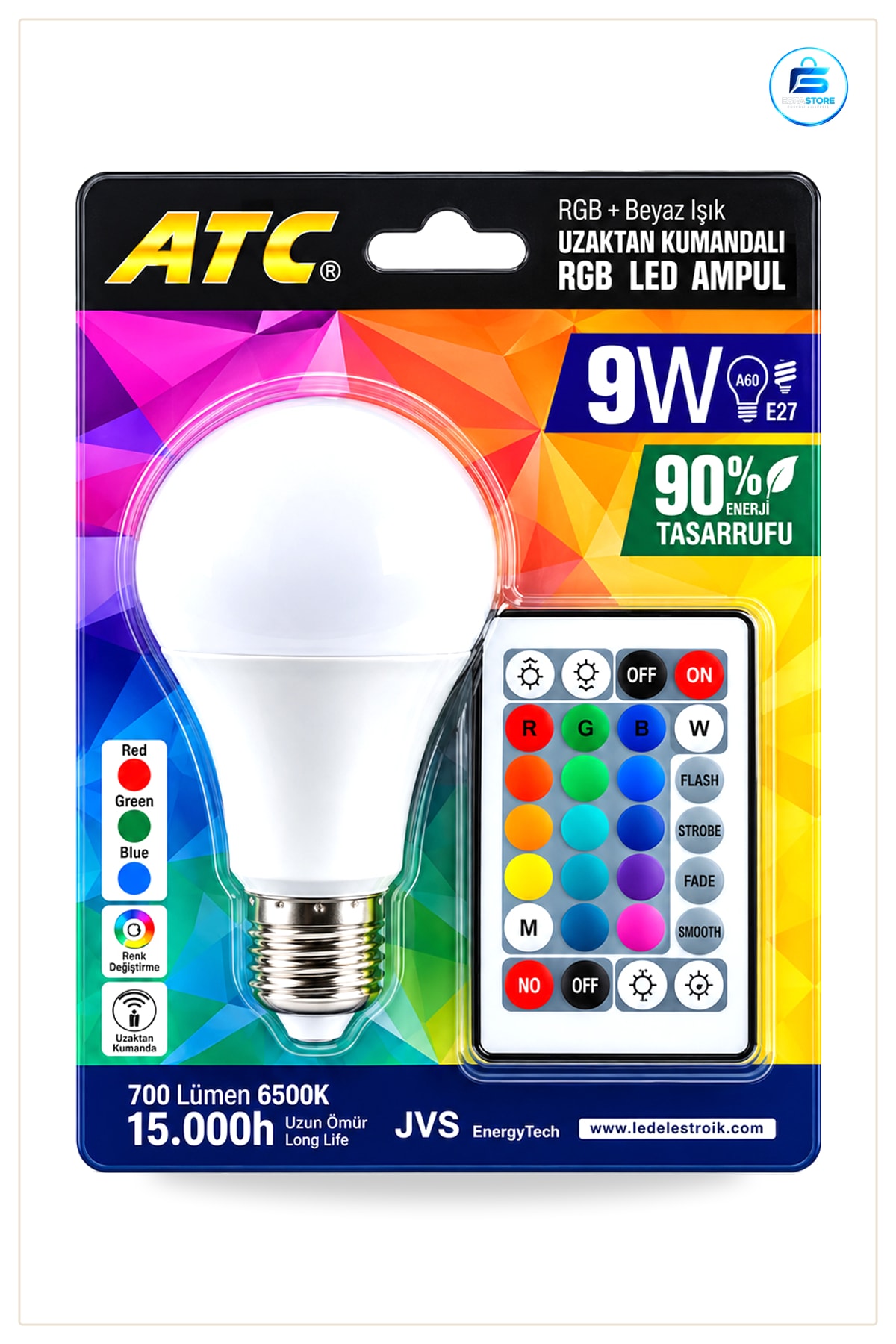 RGB LED Ampul 9W E27 700 lm Kumandalı 15000 Saat Ömürlü Renk Değiştiren Ev Ofis Aydınlatma
