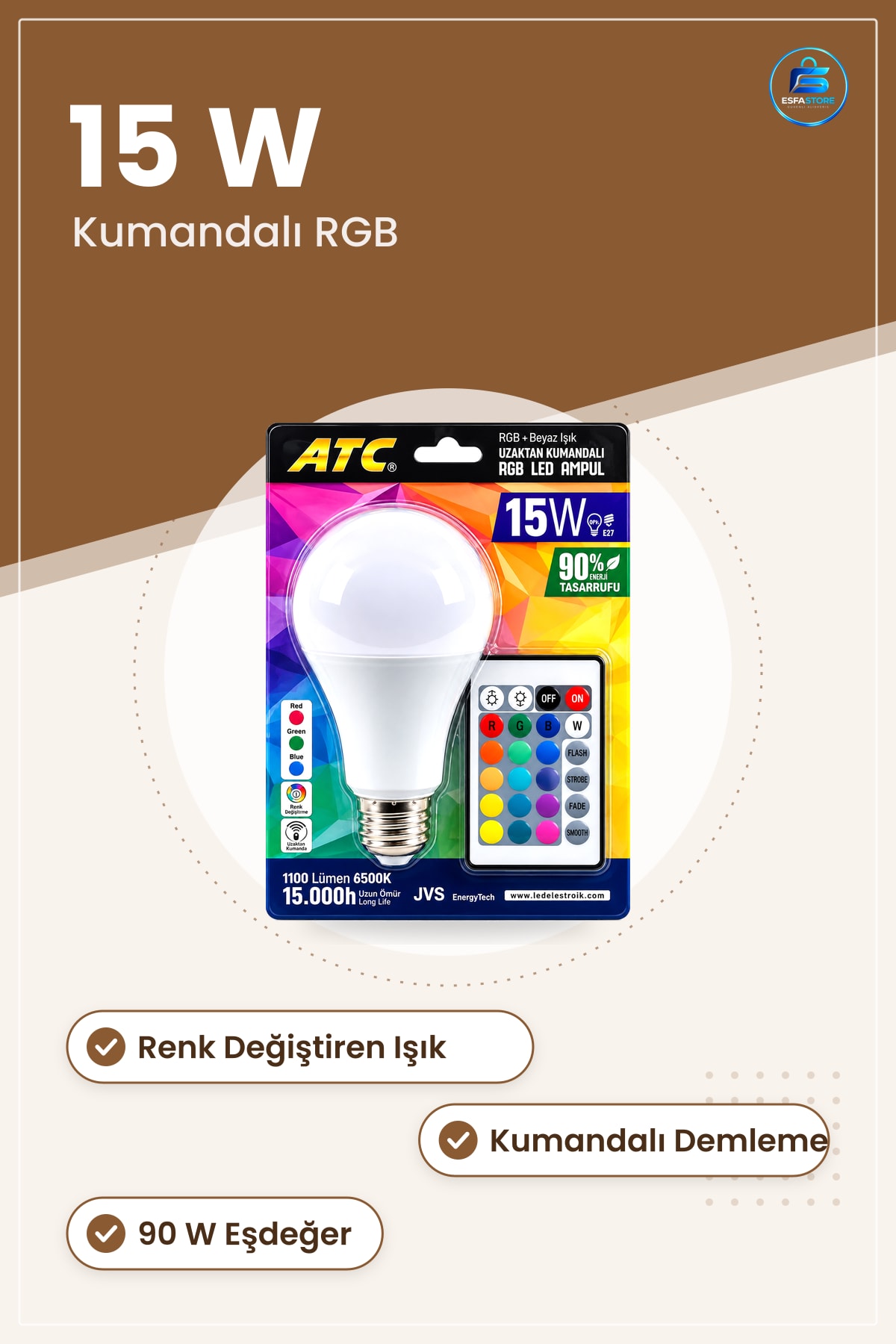 Ampul RGB LED 15W 90W Eşdeğer E27 1100LM Kumandalı 15000 Saat Renk Değiştiren Ev Ofis