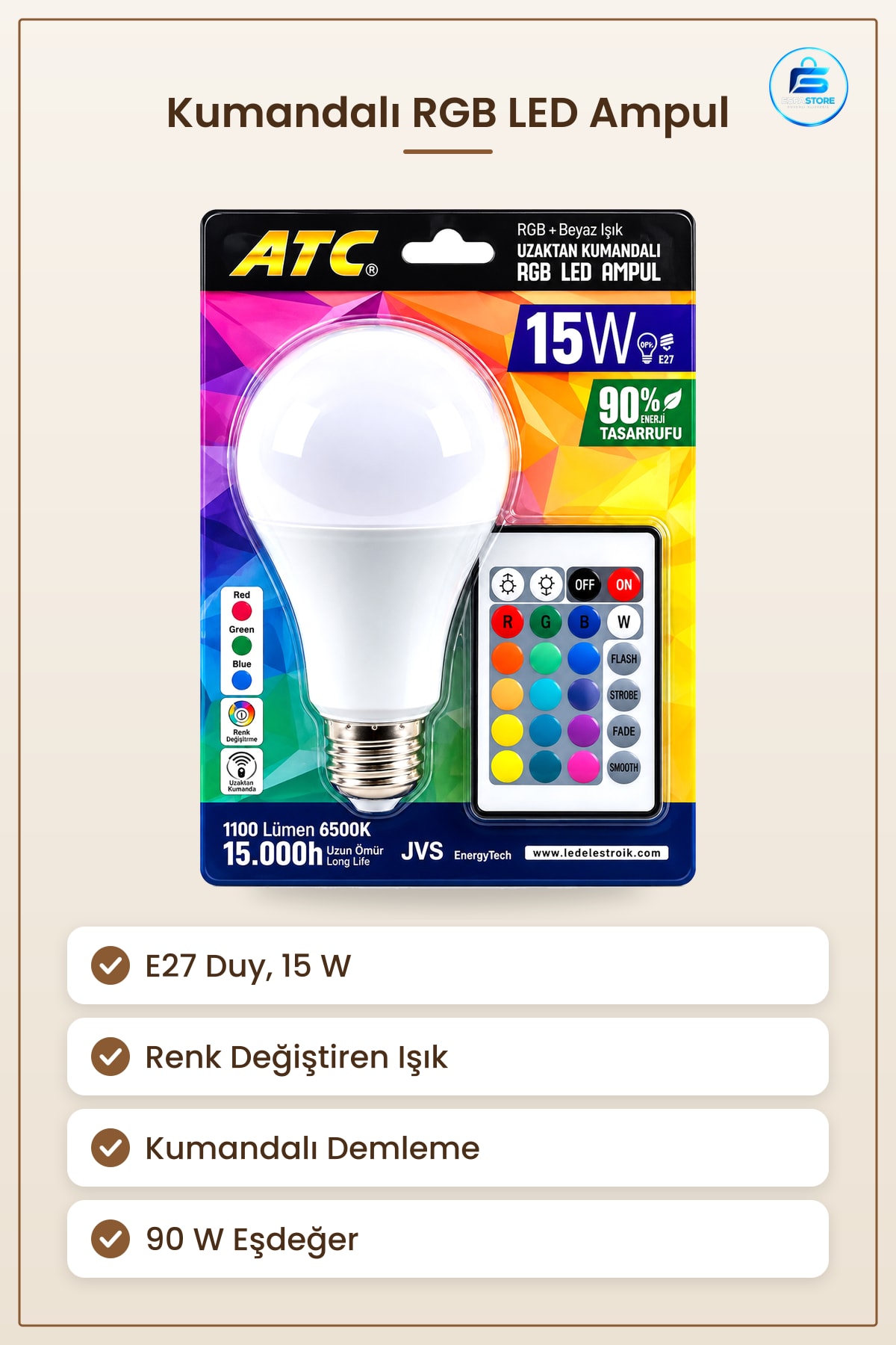 Ampul RGB LED 15W 90W Eşdeğer E27 1100LM Kumandalı 15000 Saat Renk Değiştiren Ev Ofis