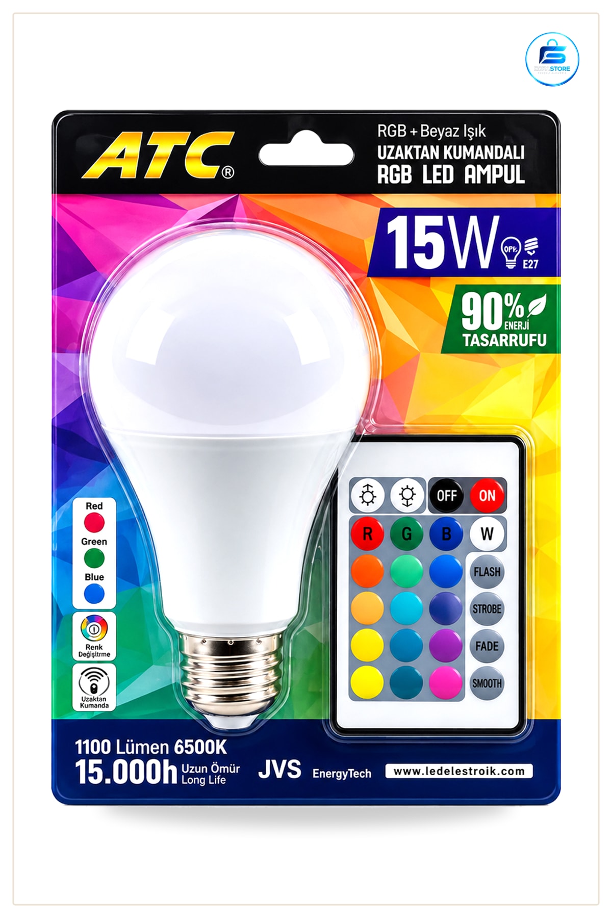 Ampul RGB LED 15W 90W Eşdeğer E27 1100LM Kumandalı 15000 Saat Renk Değiştiren Ev Ofis