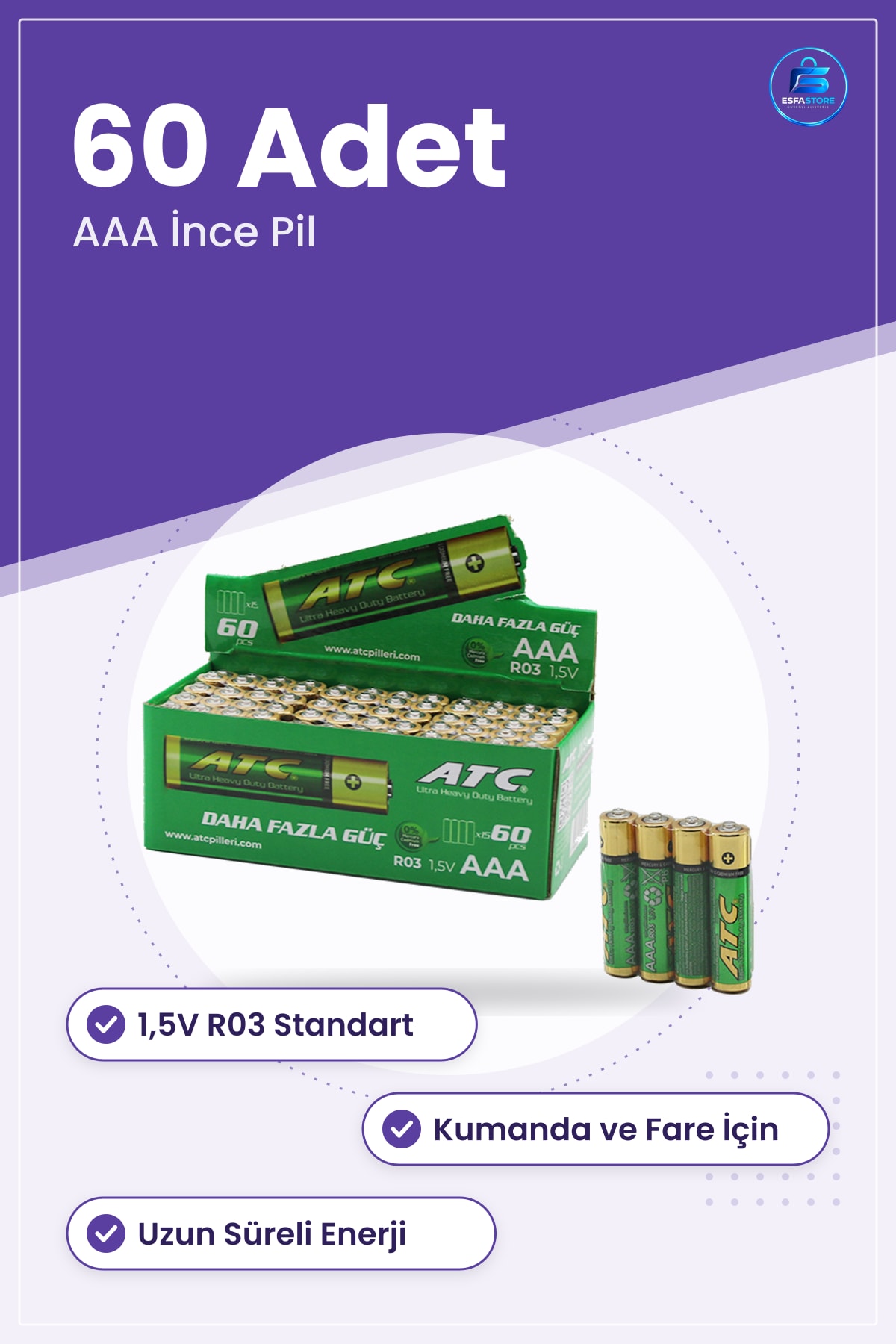 AAA İnce Pil 1.5V R03 Alkalin 60 Adet Kumanda Fare Oyuncak El Feneri Uzun Süreli