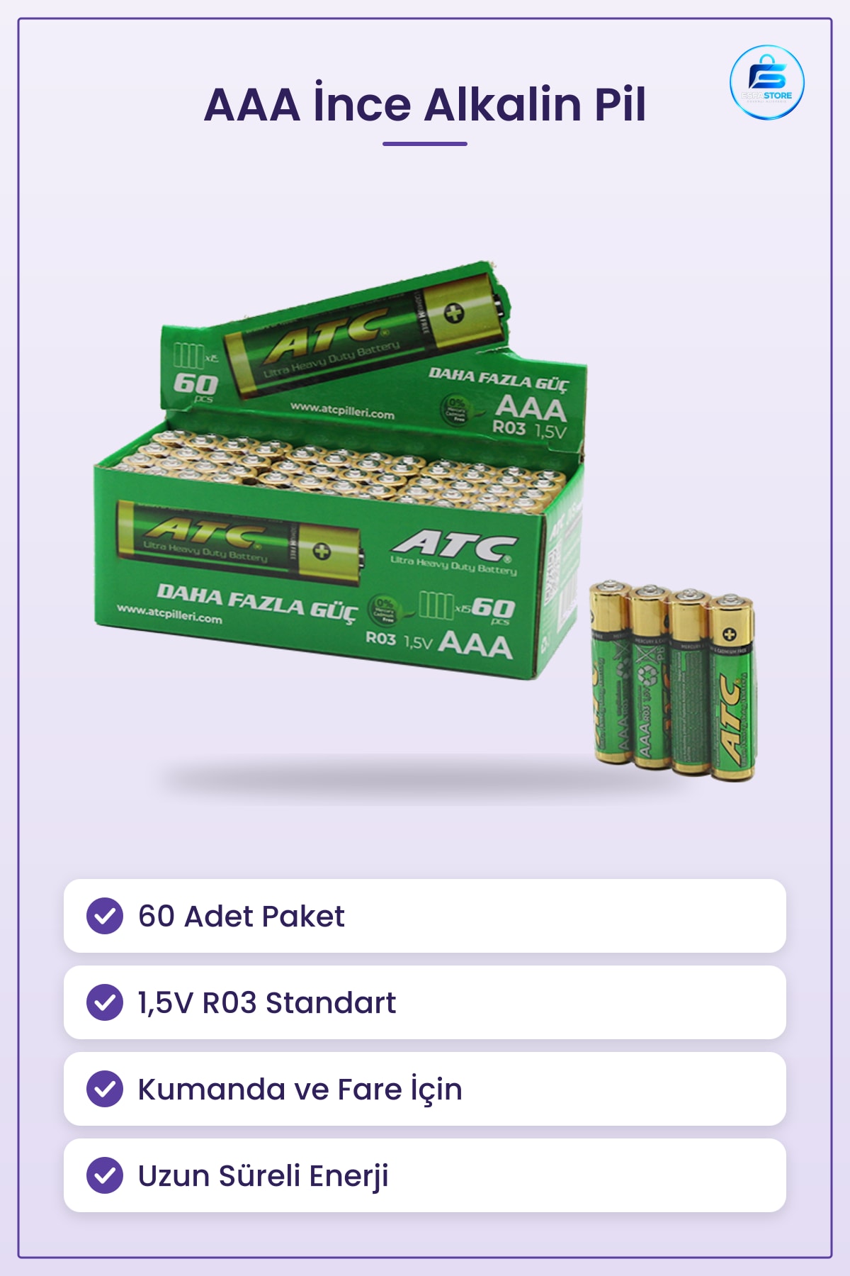 AAA İnce Pil 1.5V R03 Alkalin 60 Adet Kumanda Fare Oyuncak El Feneri Uzun Süreli