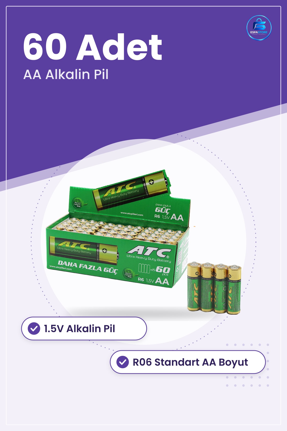 AA Kalem Pil 1.5V Alkalin 60 Adet R06 Uzun Ömürlü Kumanda Oyuncak El Feneri Saat