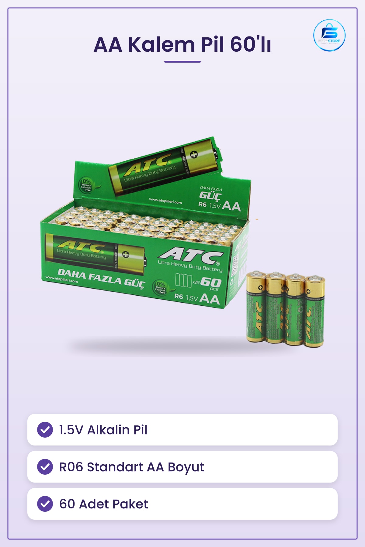 AA Kalem Pil 1.5V Alkalin 60 Adet R06 Uzun Ömürlü Kumanda Oyuncak El Feneri Saat