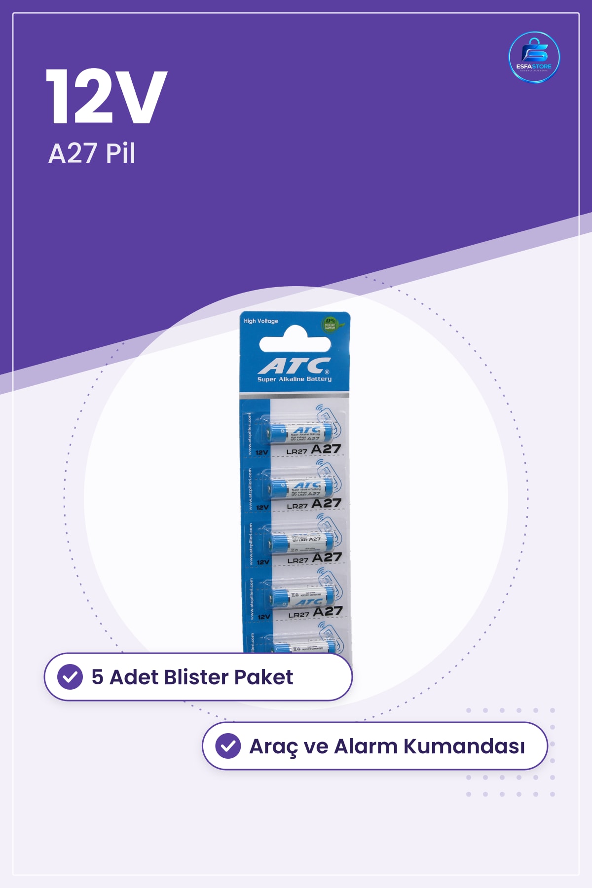 Kumanda Pili A27 27A LR27 12V Alkalin 5 Adet Araç Anahtar Kumandası Alarm Sistemi