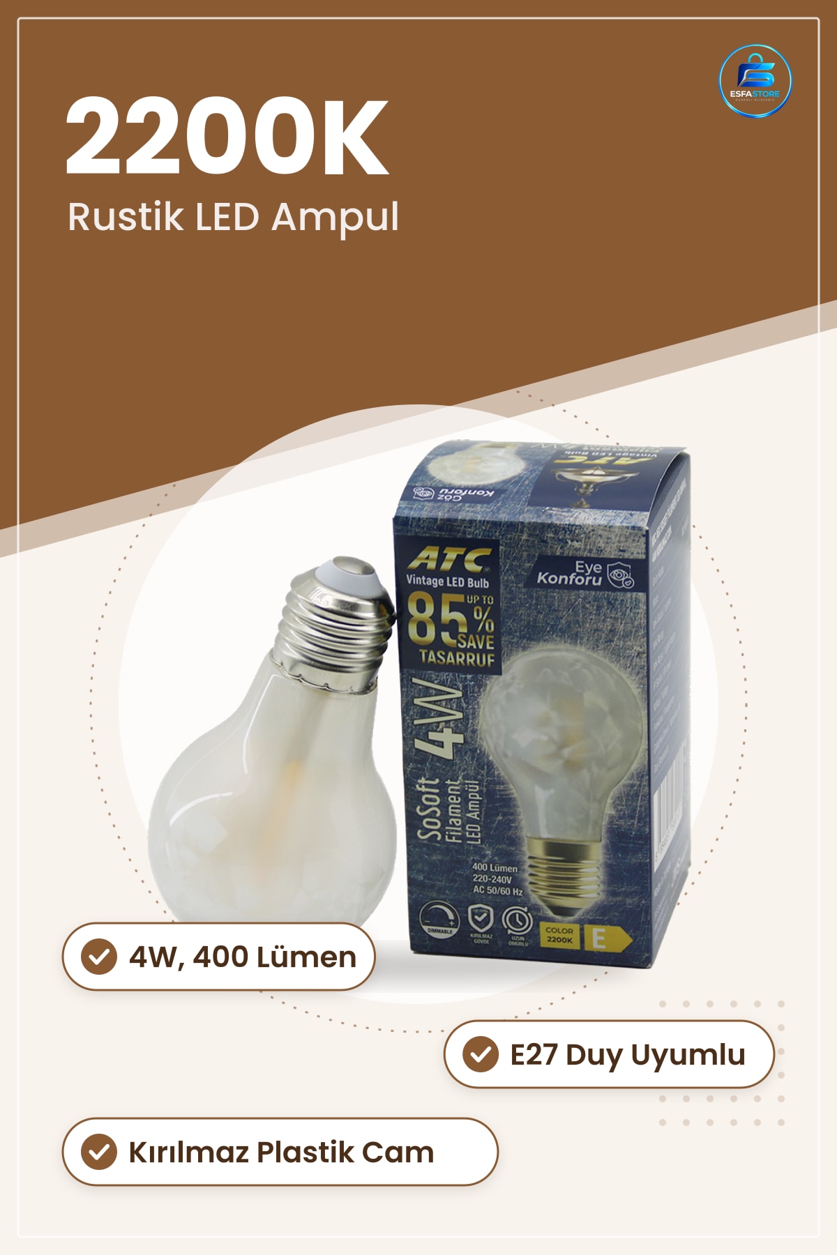 LED Ampul E27 4W 2200K Lümen Filament Rustik Kırılmaz Plastik Cam Secıak Işık Kullanışlı