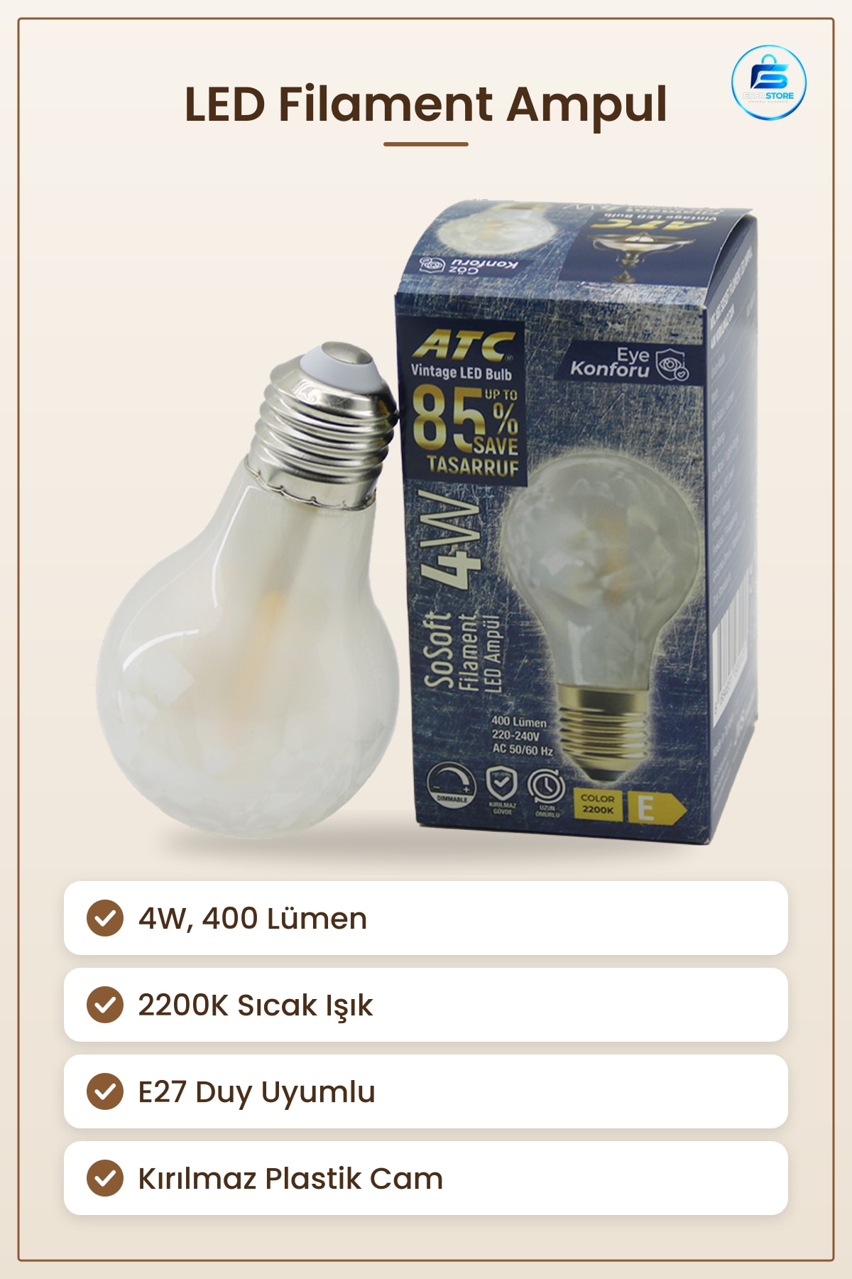LED Ampul E27 4W 2200K Lümen Filament Rustik Kırılmaz Plastik Cam Secıak Işık Kullanışlı