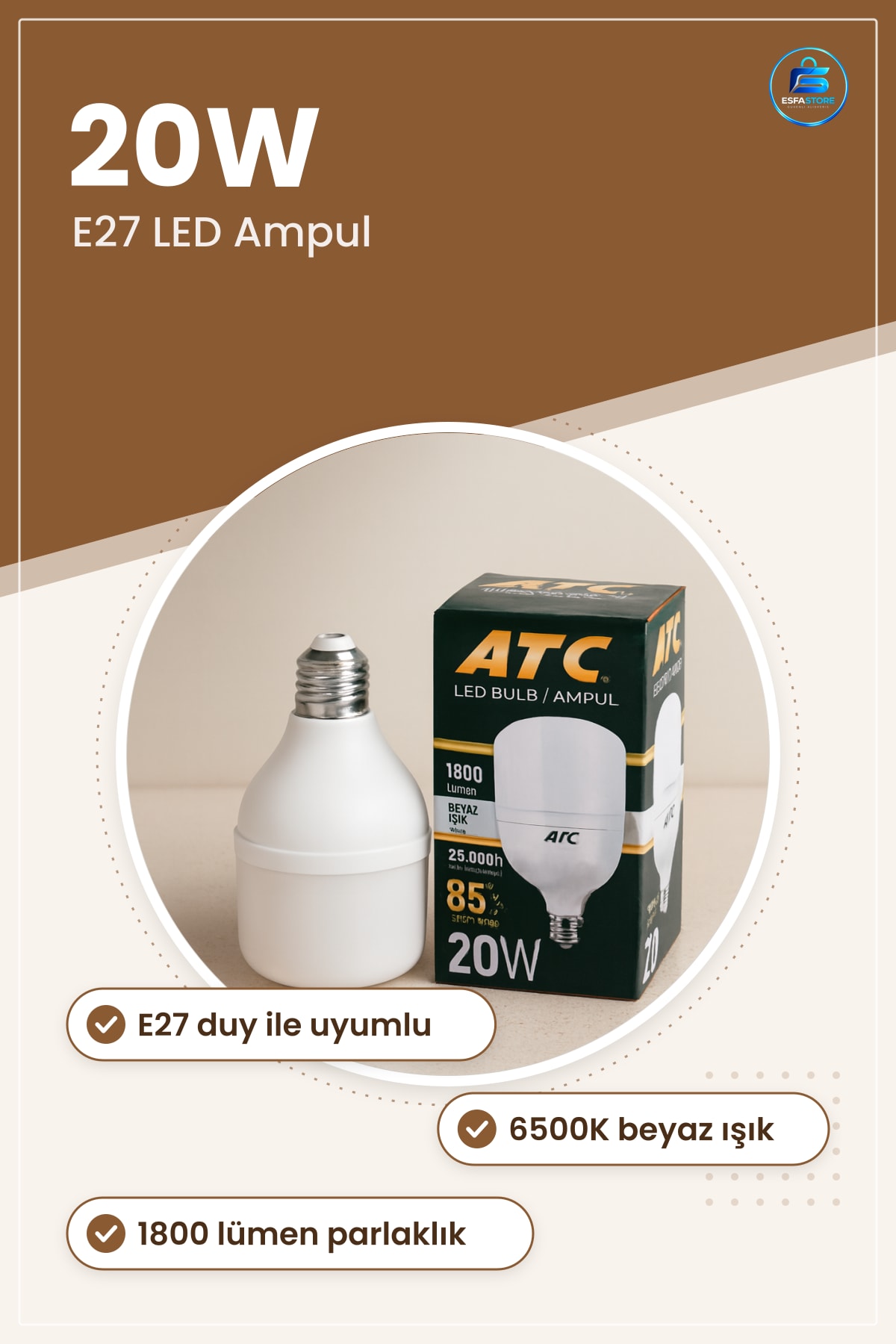LED Ampul E27 20W 6500K 1800 Lumen Beyaz Işık Ev Ofis Mağaza Aydınlatma Uzun Ömürlü
