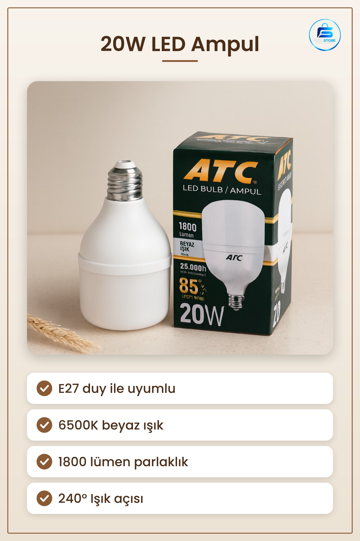 LED Ampul E27 20W 6500K 1800 Lumen Beyaz Işık Ev Ofis Mağaza Aydınlatma Uzun Ömürlü