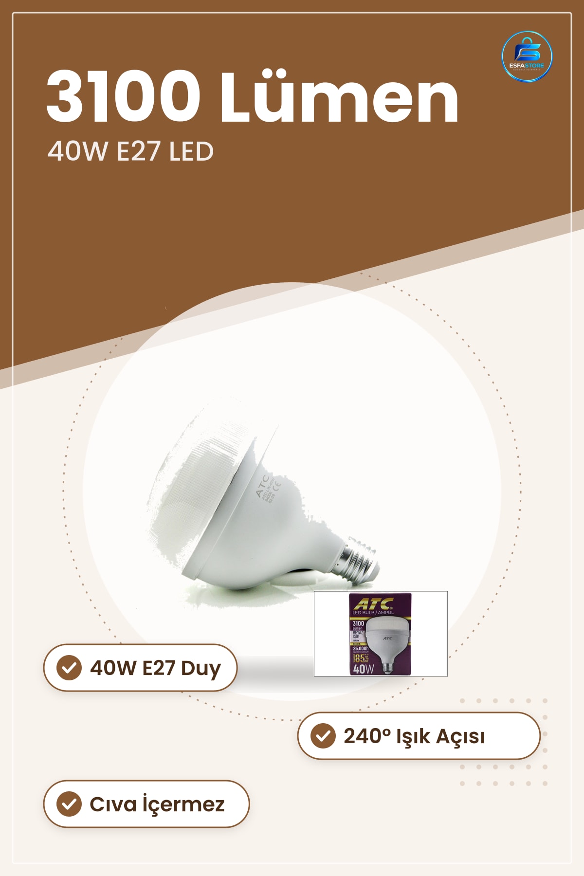 LED Ampul 40W E27 6500K Lümen Beyaz Işık Günışığı Enerji Tasarruflu Ev Ofis Depo Atölye