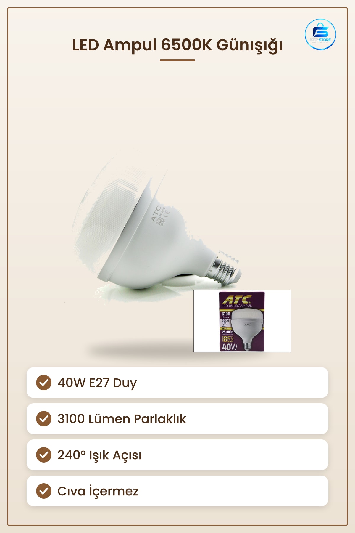LED Ampul 40W E27 6500K Lümen Beyaz Işık Günışığı Enerji Tasarruflu Ev Ofis Depo Atölye