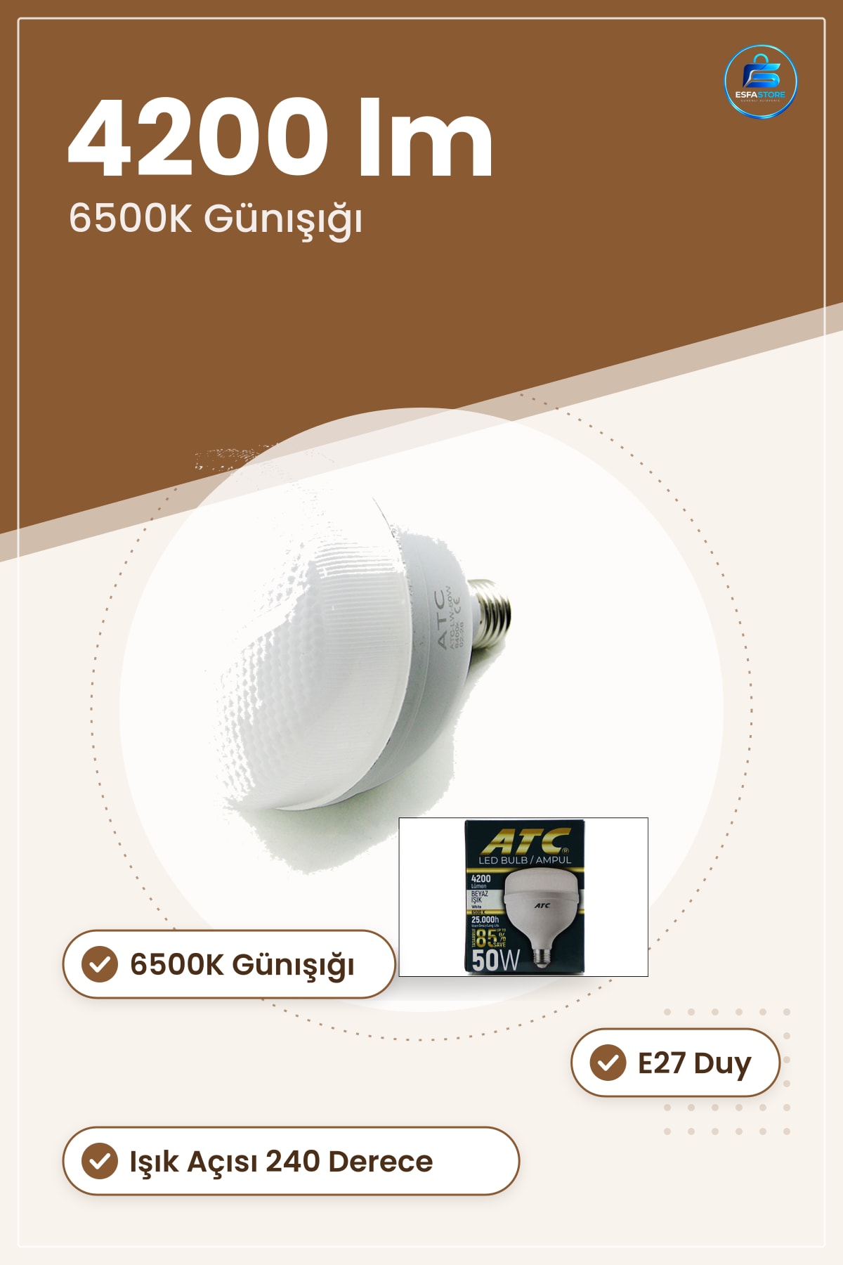 LED Ampul 50W E27 lm 6500K Günışığı İç Mekan Aydınlatma Ev Ofis Depo Atölye Enerji Tasarruflu